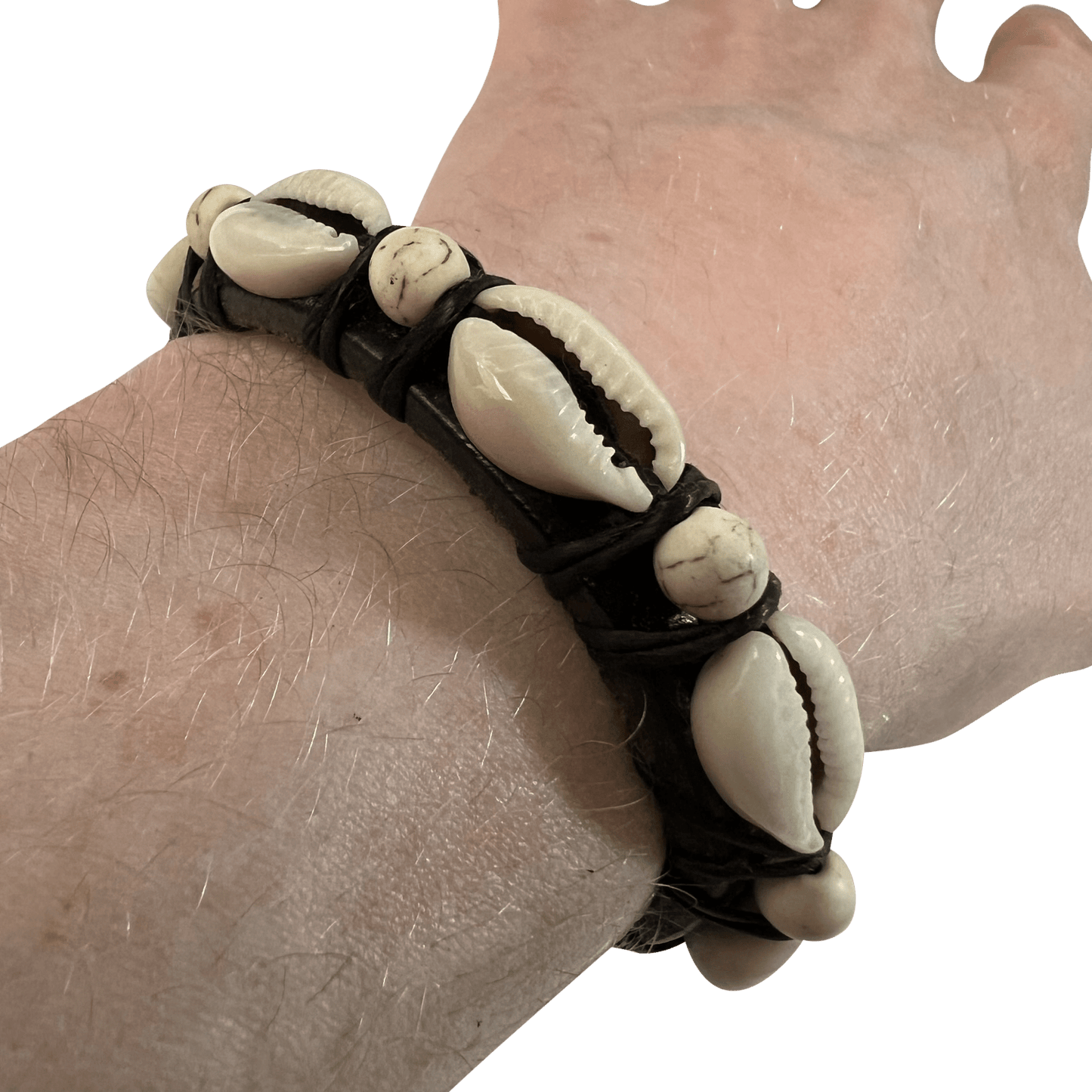 Black Leather Shell Bracelet Wristband Bangle Mens Womens Beach Surfer Jewellery