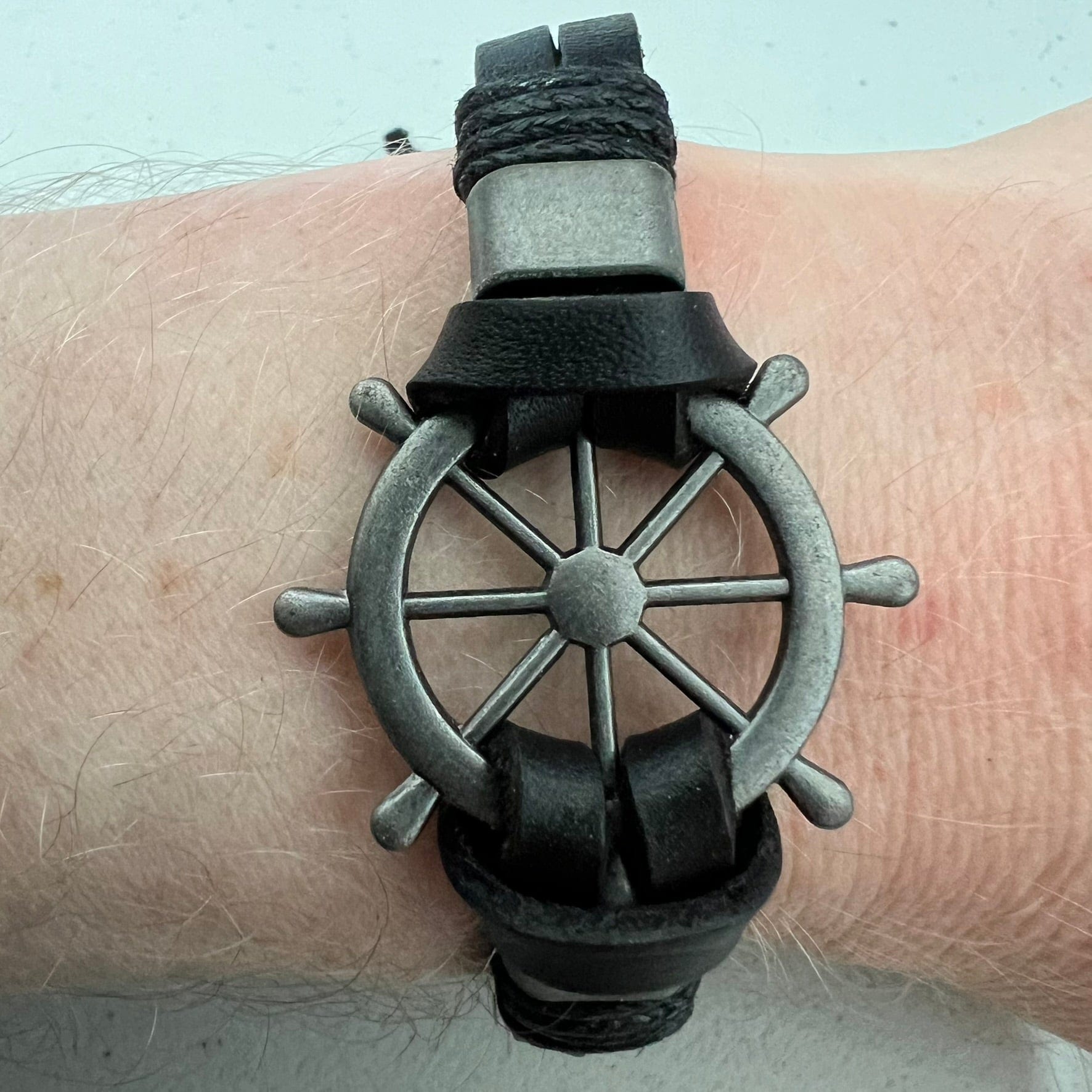 Black Leather Ship Wheel Bracelet Wristband Bangle Mens Boys Pirate Jewellery