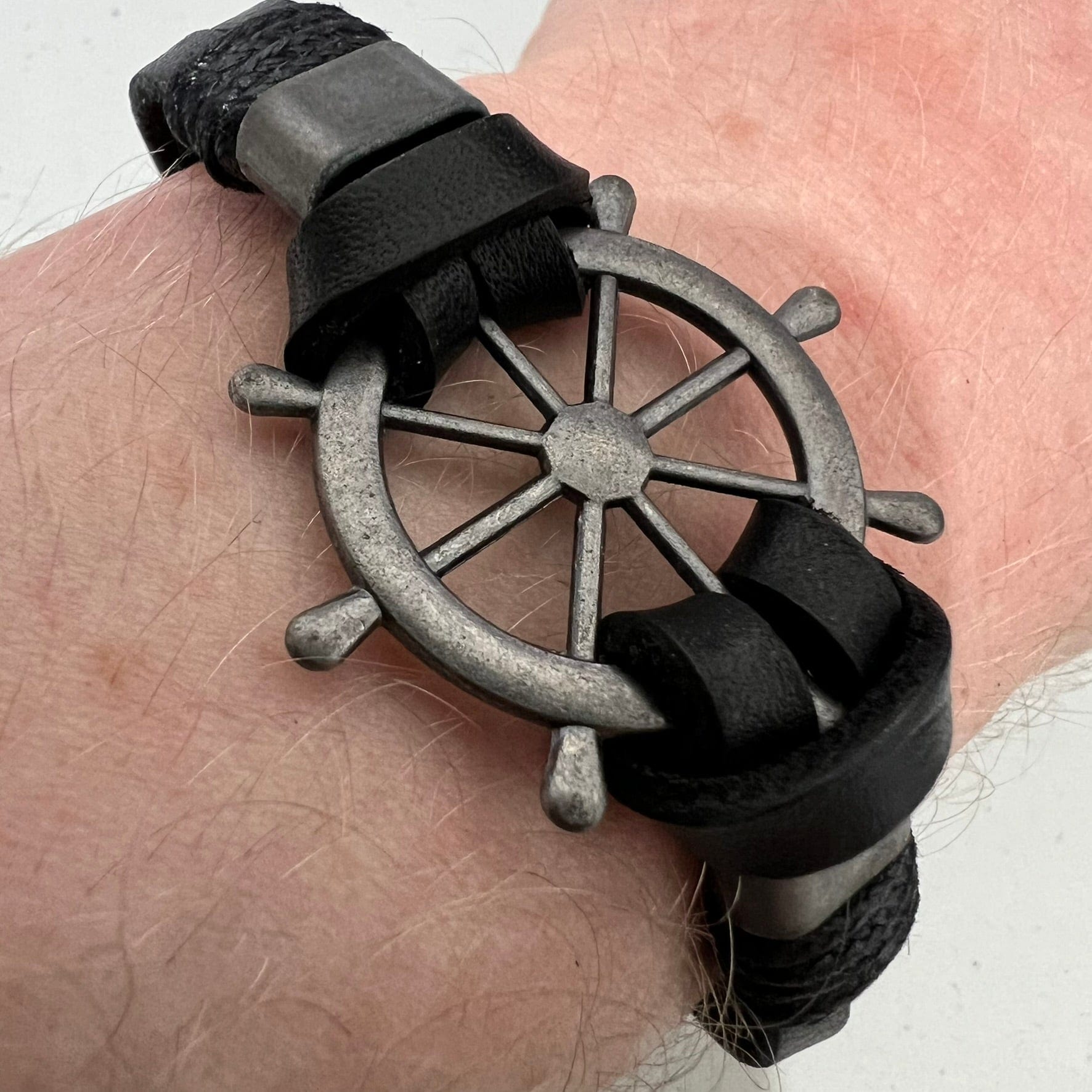 Black Leather Ship Wheel Bracelet Wristband Bangle Mens Boys Pirate Jewellery