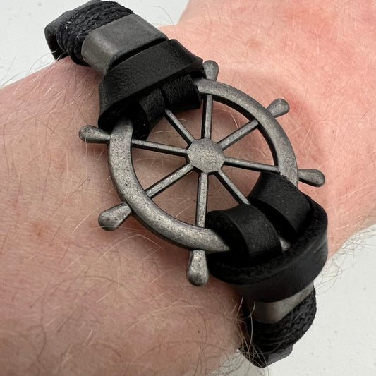 Black Leather Ship Wheel Bracelet Wristband Bangle Mens Boys Pirate Jewellery