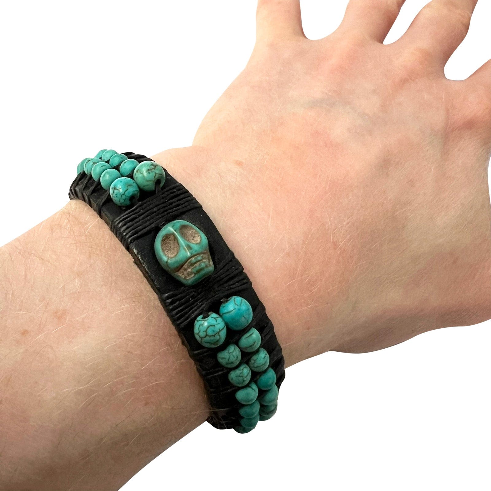 Black Leather Turquoise Skull Bracelet Wristband Bangle Mens Womens Jewellery