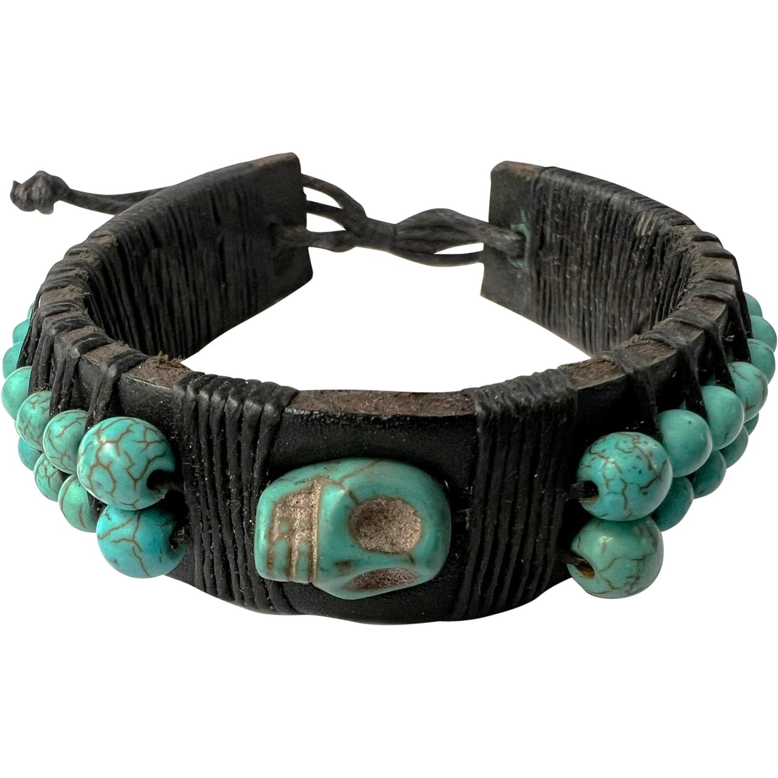 Black Leather Turquoise Skull Bracelet Wristband Bangle Mens Womens Jewellery