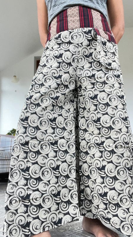 Black White Palazzo Wide Fit Leg Pants Baggy Harem Thai Japanese Trousers Skirt