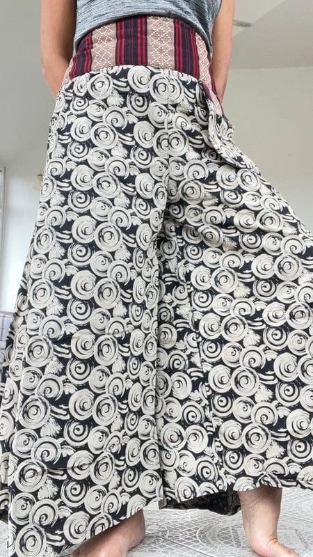Black White Palazzo Wide Fit Leg Pants Baggy Harem Thai Japanese Trousers Skirt