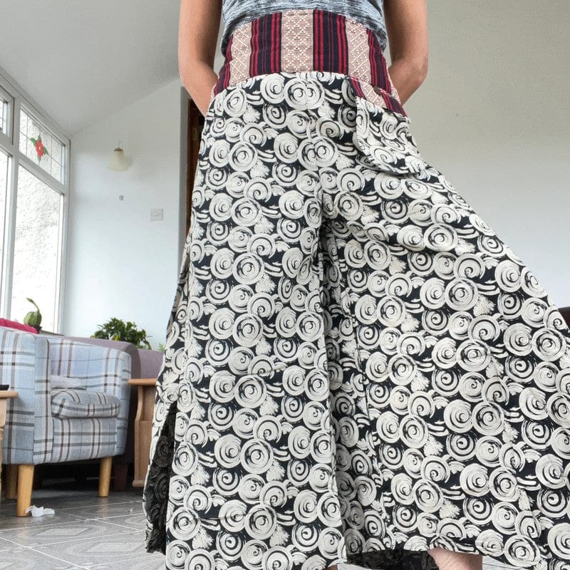 Black White Palazzo Wide Fit Leg Pants Baggy Harem Thai Japanese Trousers Skirt