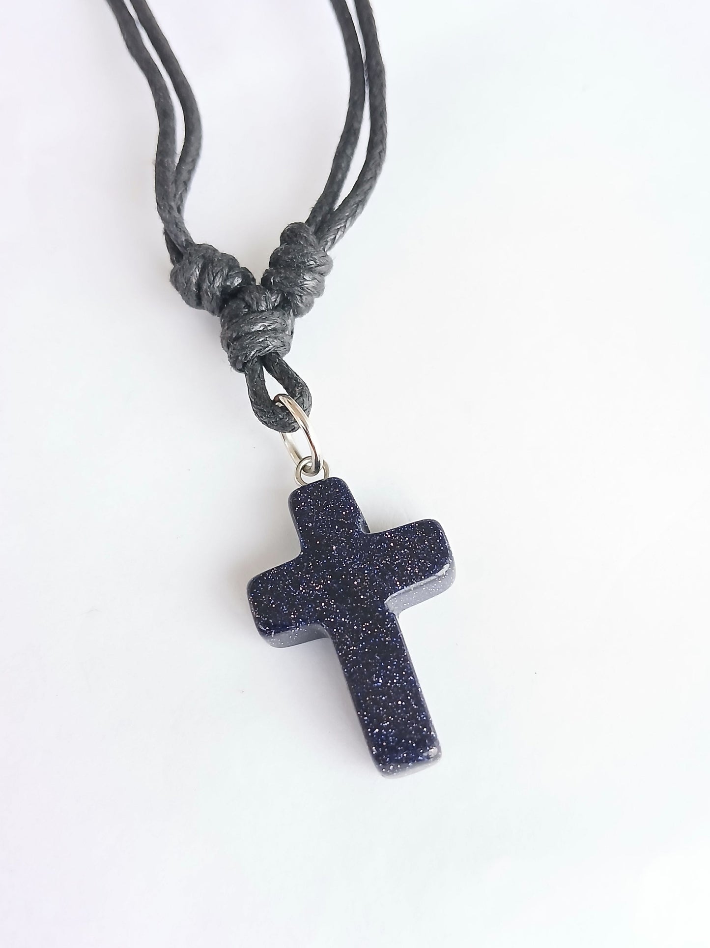 Blue gold stone Cross charm crystal gemstone pendant necklace with choker black cord