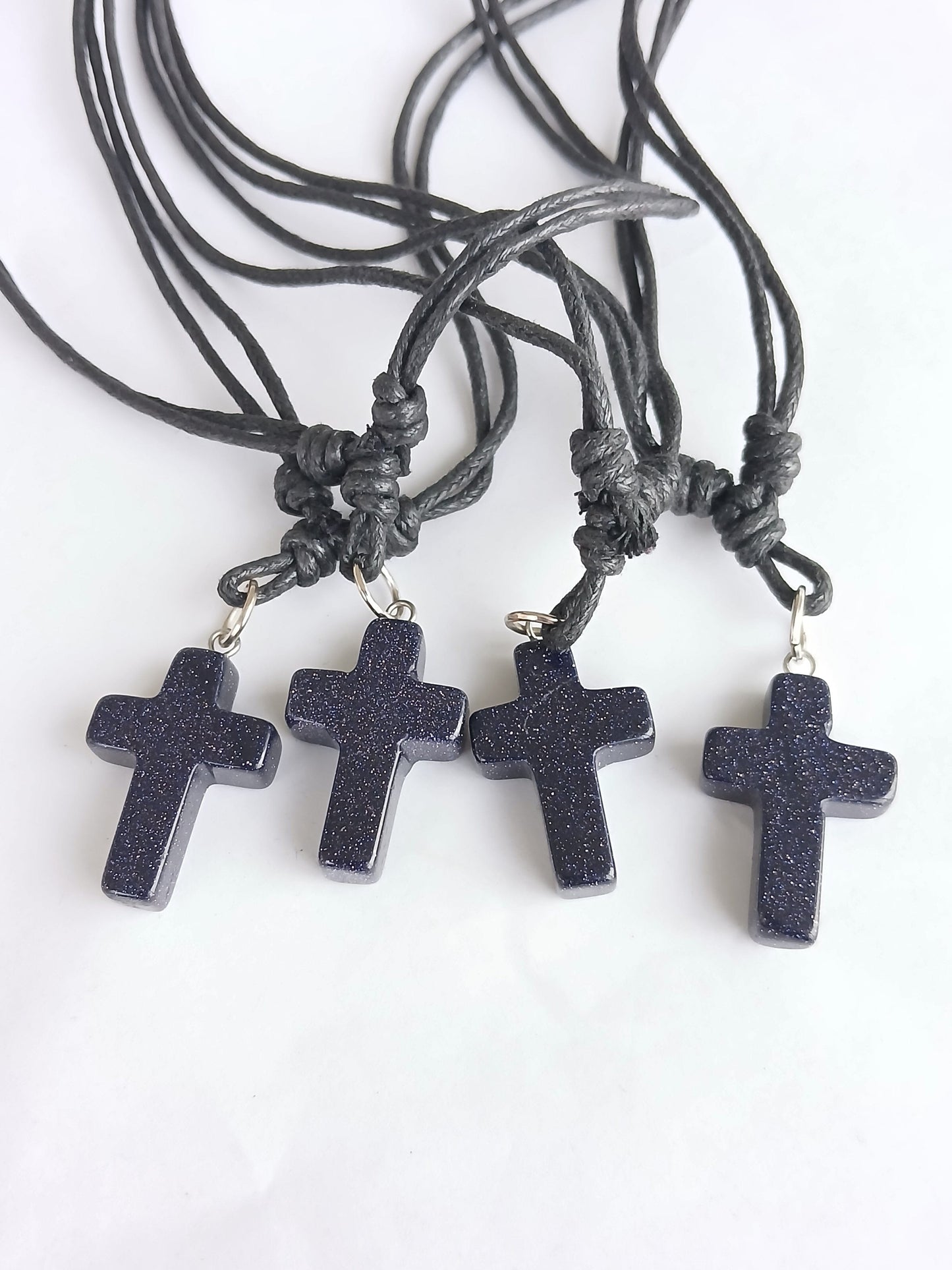 Blue gold stone Cross charm crystal gemstone pendant necklace with choker black cord