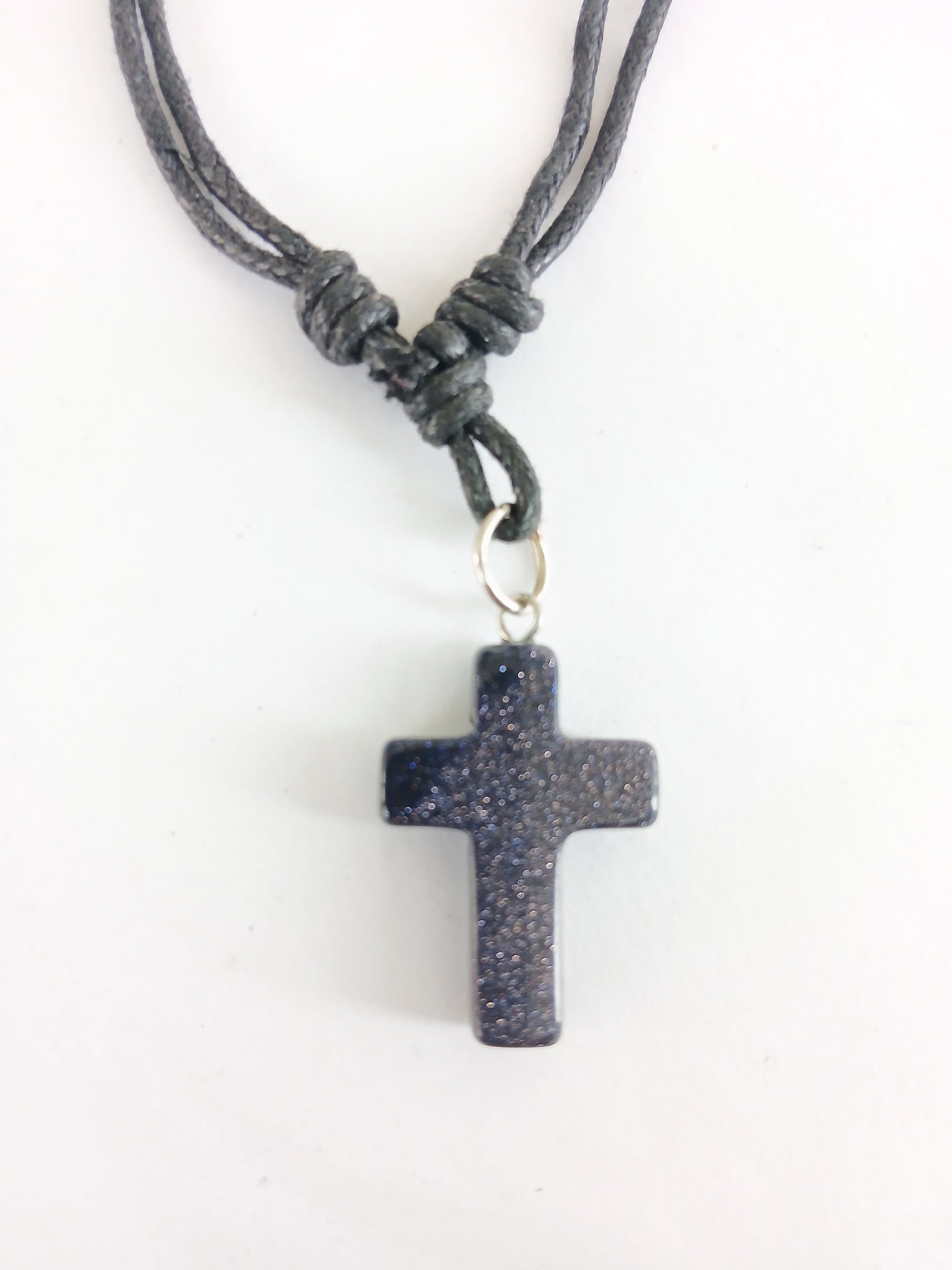 Blue gold stone Cross charm crystal gemstone pendant necklace with choker black cord