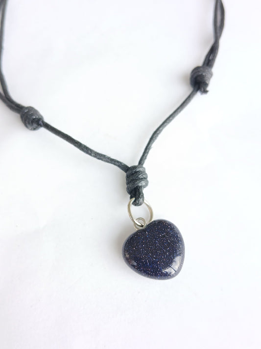 Blue gold stone Heart charm crystal gemstone pendant necklace choker black cord
