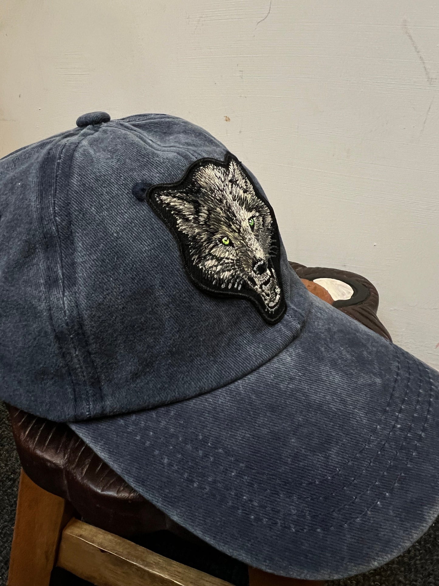 Blue Navy Baseball Hat Grey Wolf Embroidered Patch on Cap one size