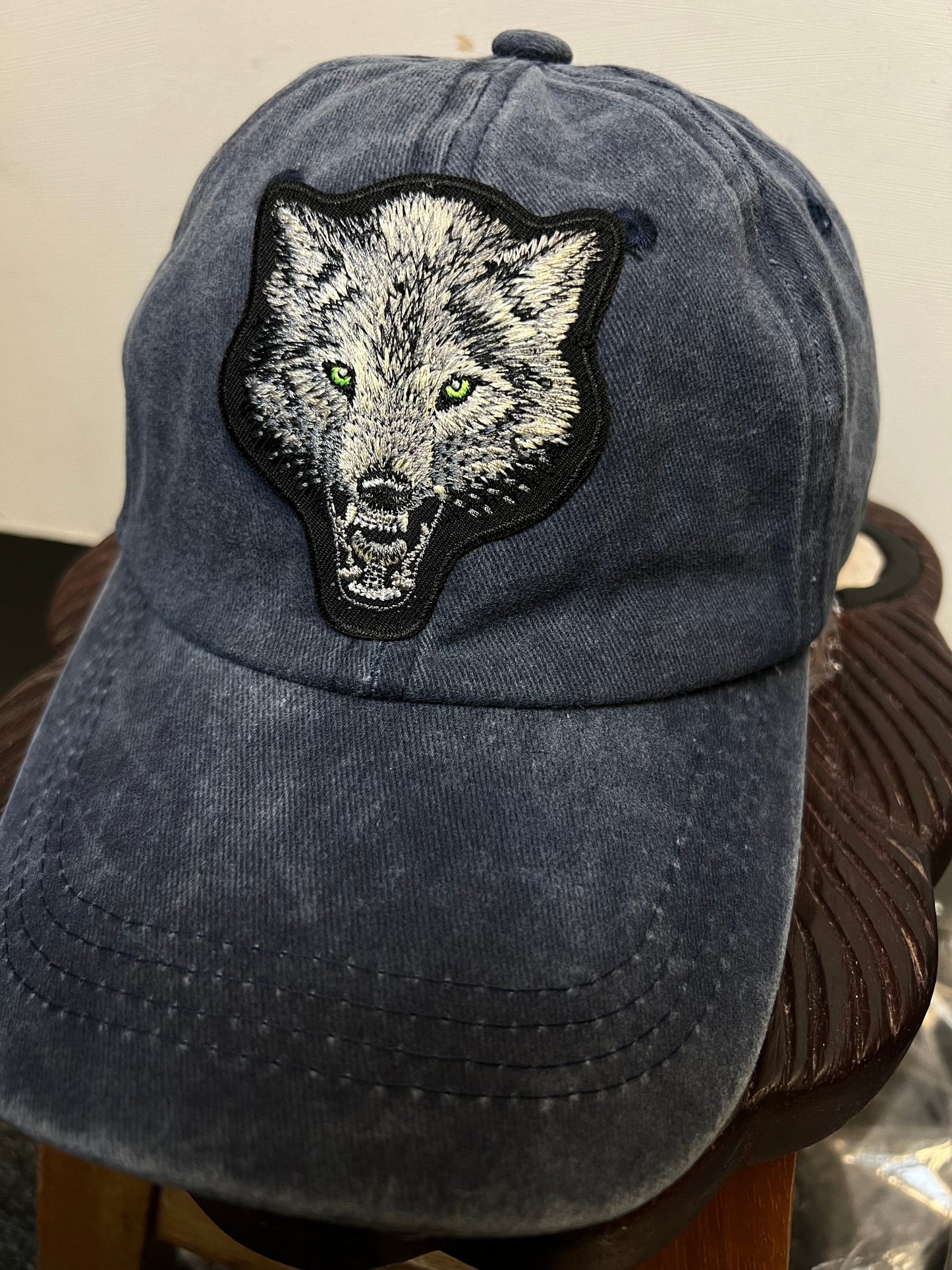 Blue Navy Baseball Hat Grey Wolf Embroidered Patch on Cap one size