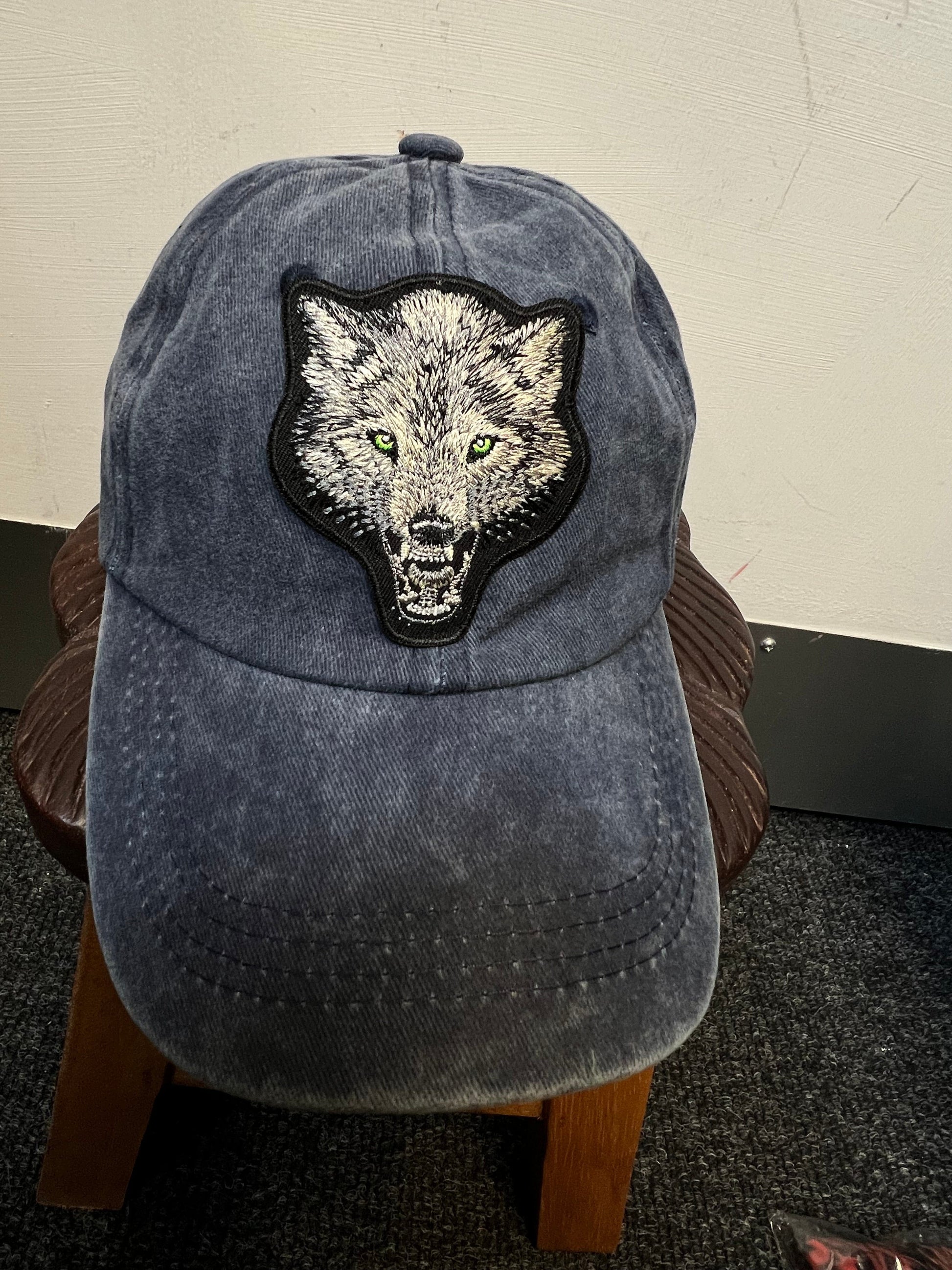 Blue Navy Baseball Hat Grey Wolf Embroidered Patch on Cap one size