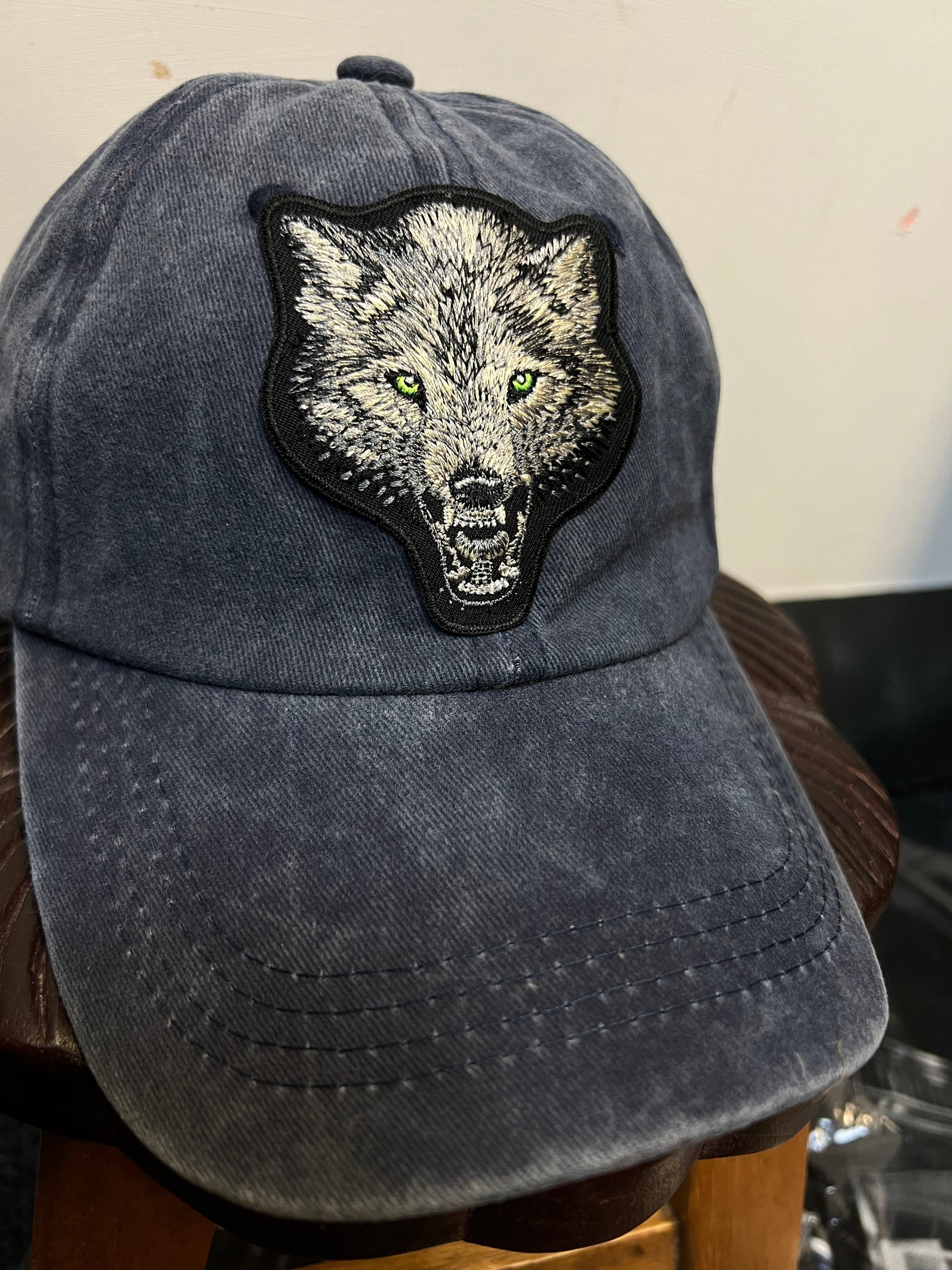 Blue Navy Baseball Hat Grey Wolf Embroidered Patch on Cap one size