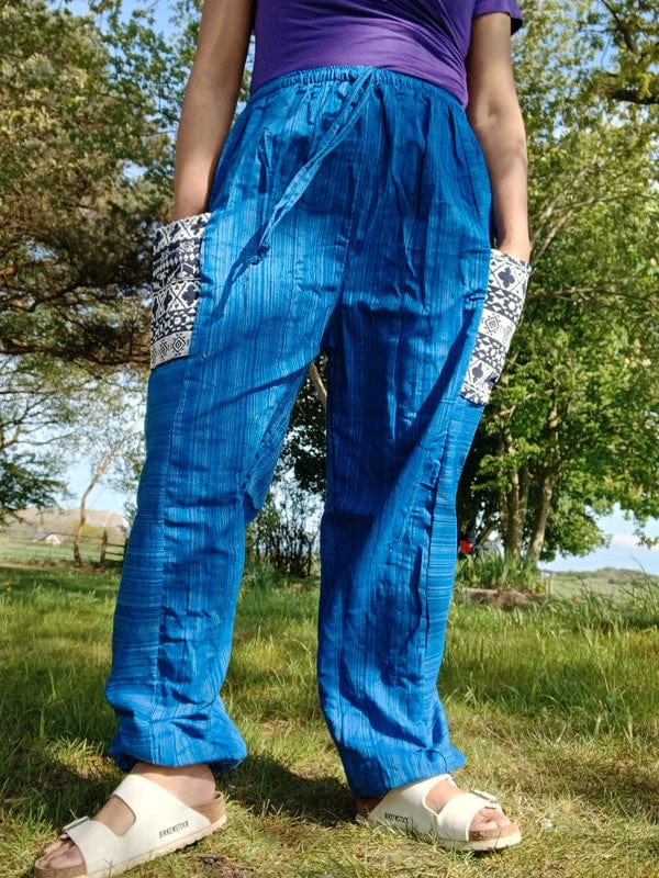 Blue Summer Trousers Cotton Wide Leg Thai Harem Pants Yoga Joggers Mens Womens
