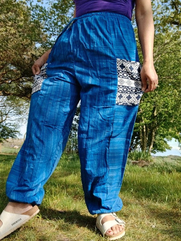 Blue Summer Trousers Cotton Wide Leg Thai Harem Pants Yoga Joggers Mens Womens