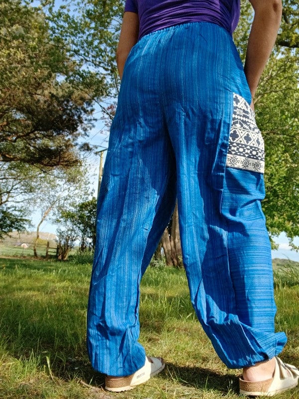 Blue Summer Trousers Cotton Wide Leg Thai Harem Pants Yoga Joggers Mens Womens
