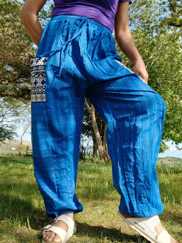 Blue Summer Trousers Cotton Wide Leg Thai Harem Pants Yoga Joggers Mens Womens