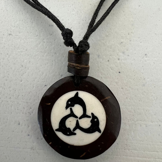 Brown Coconut Wood Dolphin Pendant Necklace Black Cord Chain Handmade Jewellery