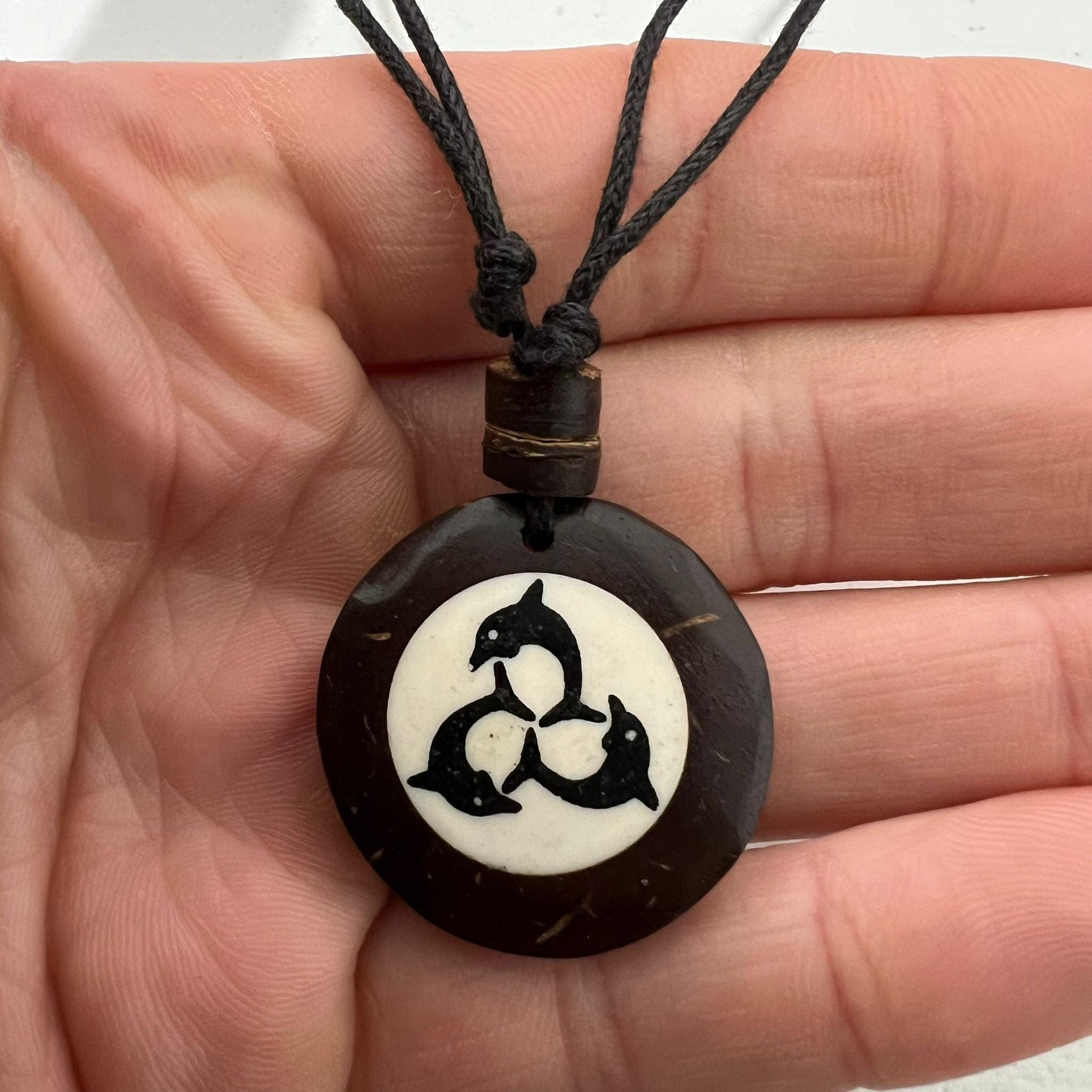 Brown Coconut Wood Dolphin Pendant Necklace Black Cord Chain Handmade Jewellery