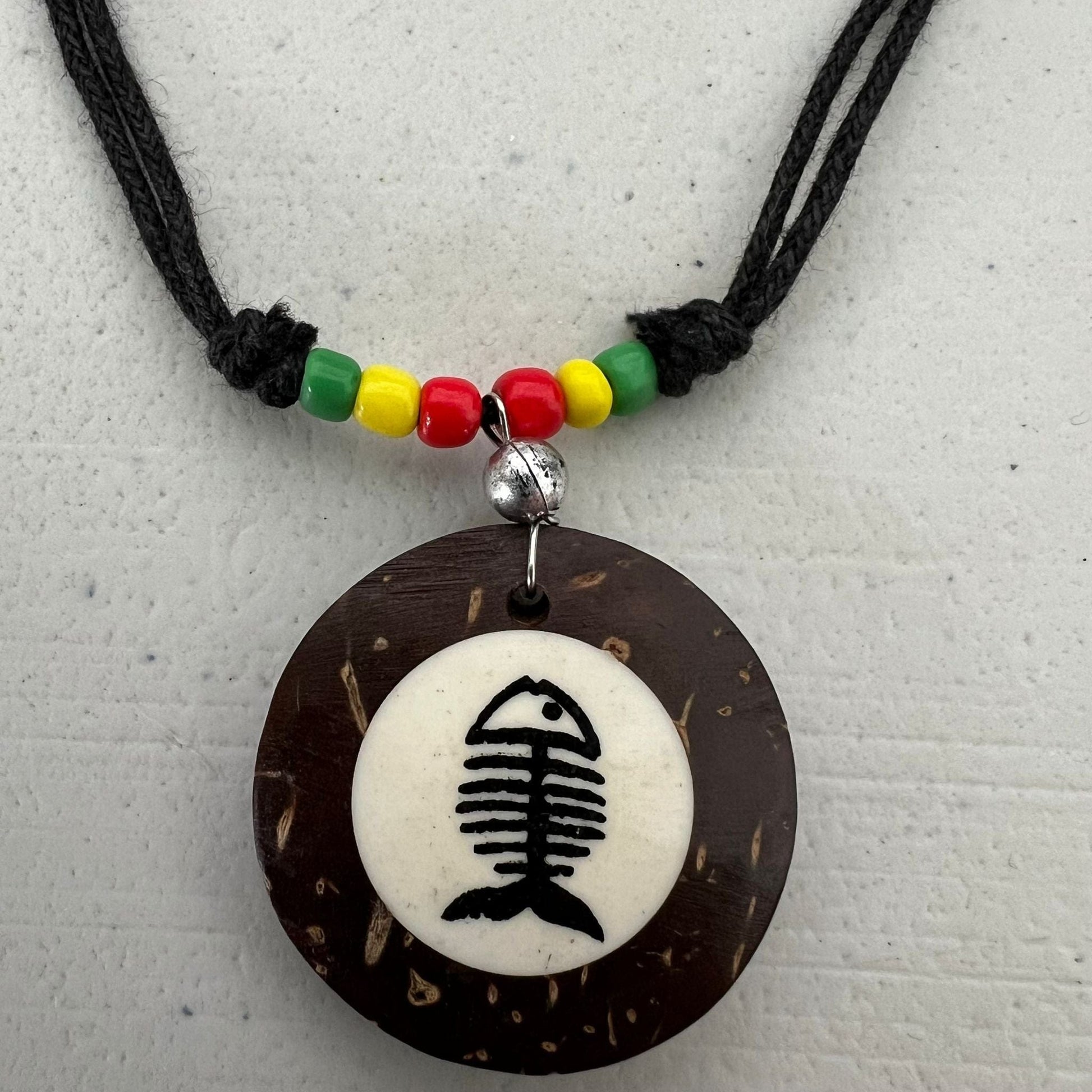 Brown Coconut Wood Fish Bone Fishing Pendant Necklace Black Cord Choker Chain