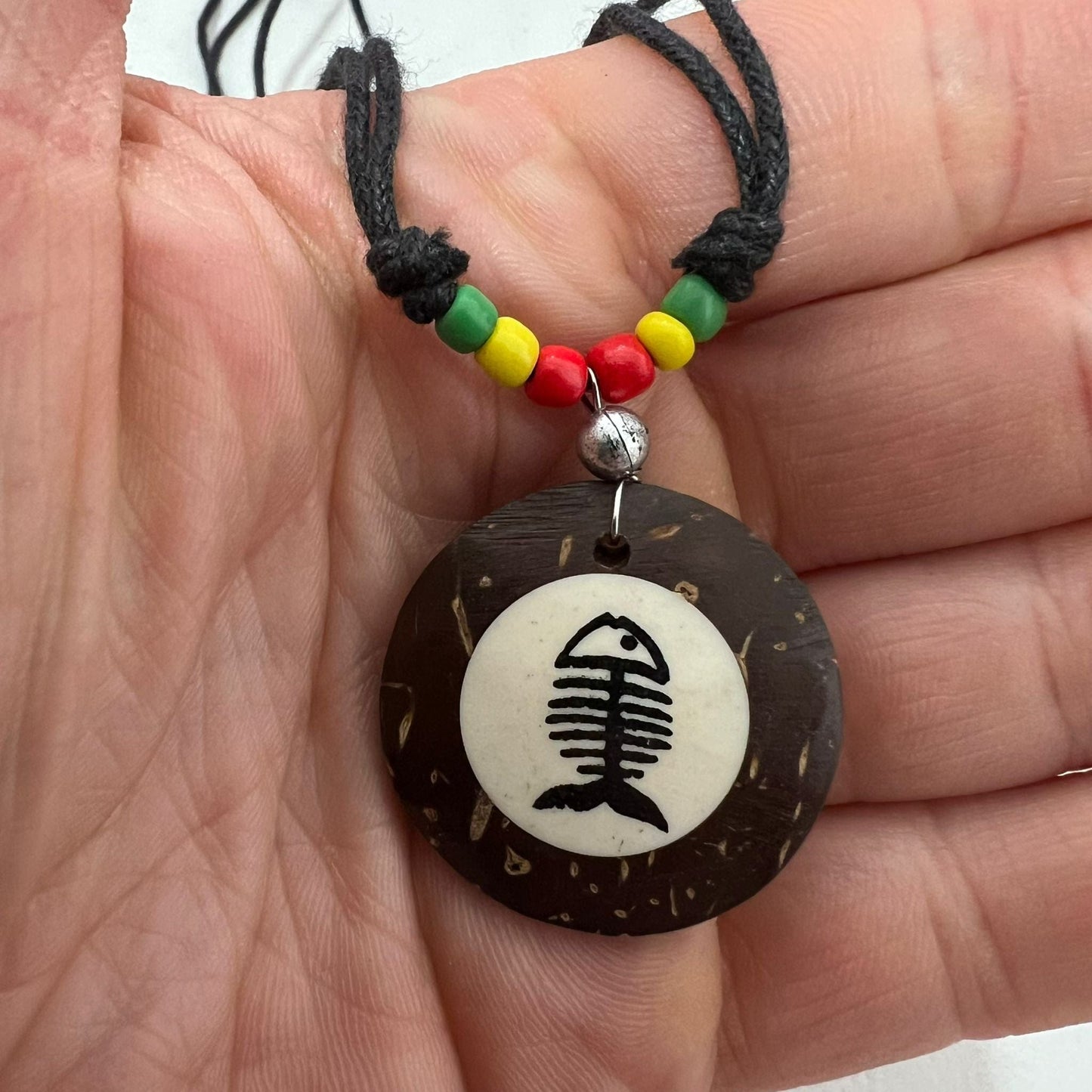 Brown Coconut Wood Fish Bone Fishing Pendant Necklace Black Cord Choker Chain