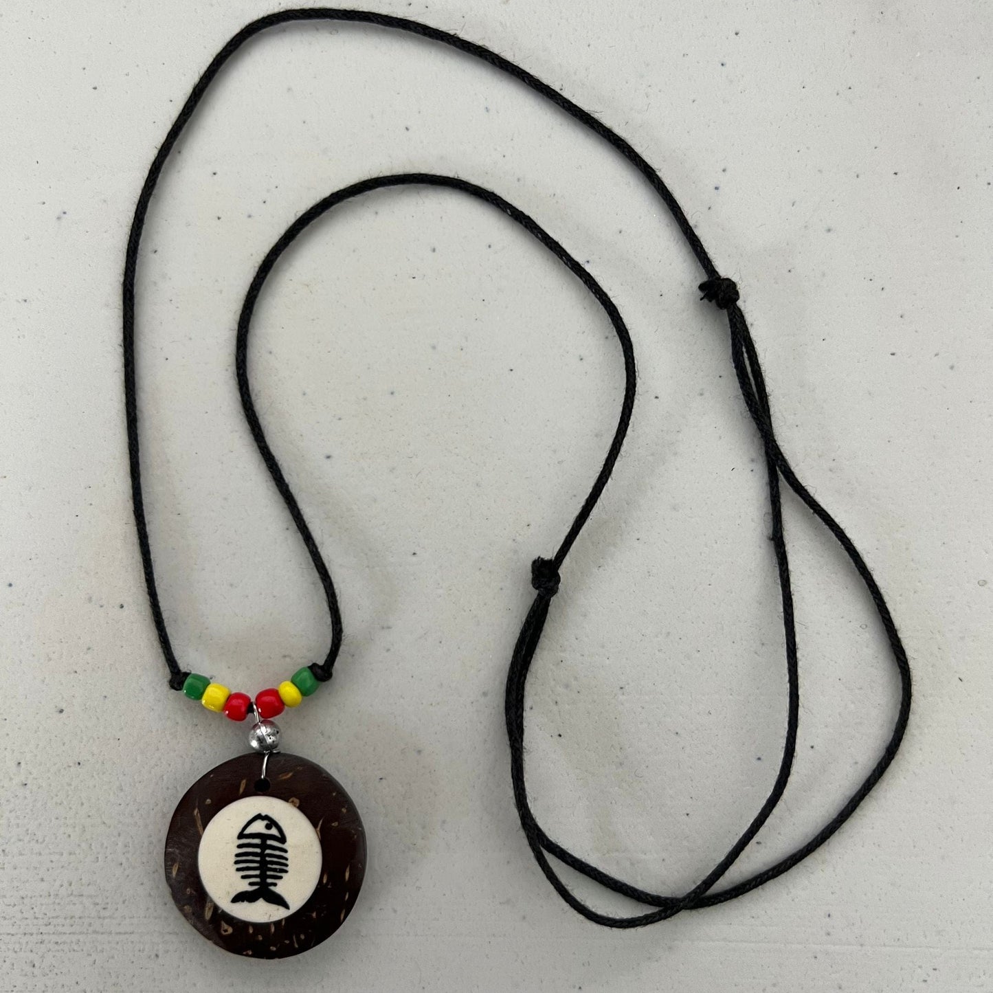 Brown Coconut Wood Fish Bone Fishing Pendant Necklace Black Cord Choker Chain