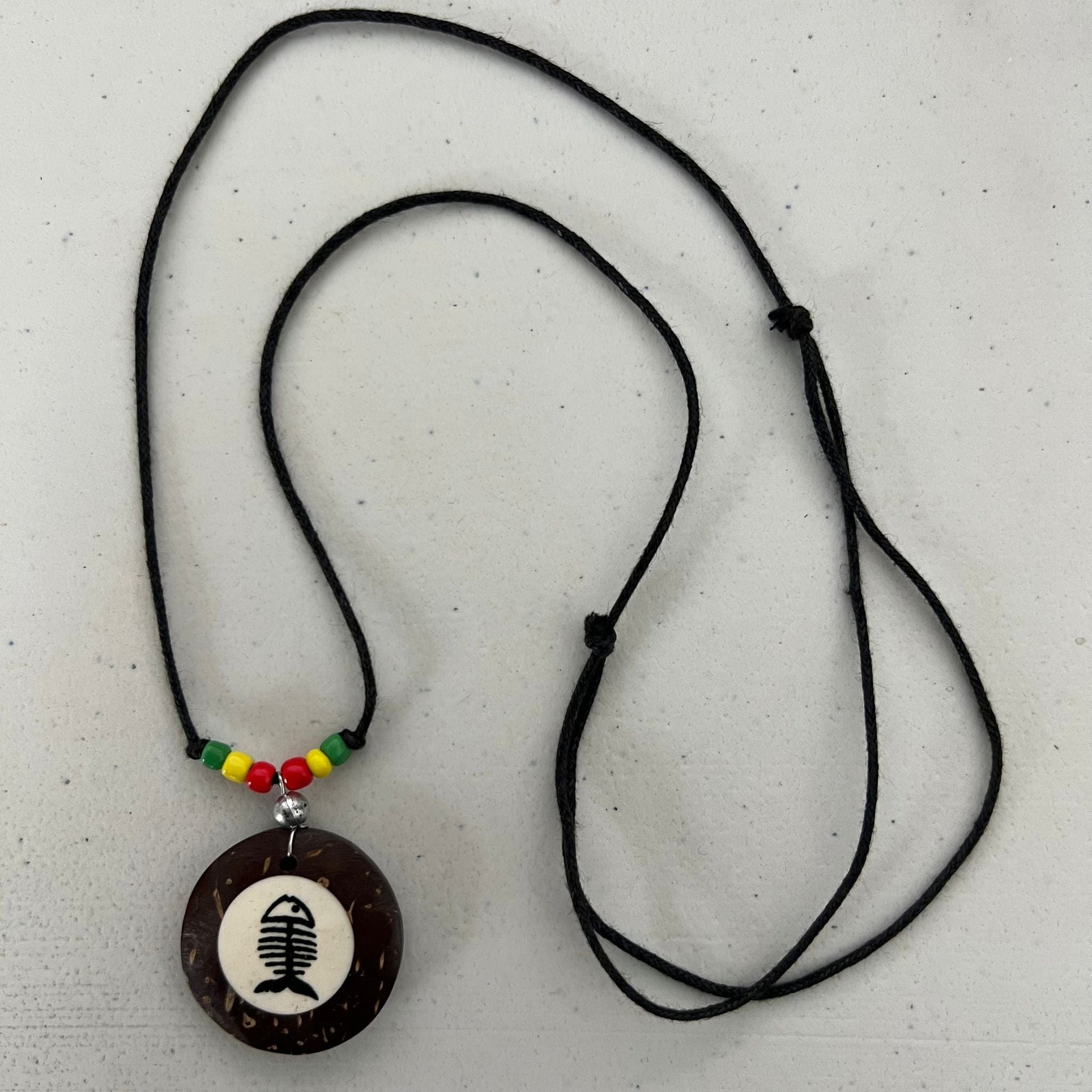 Brown Coconut Wood Fish Bone Fishing Pendant Necklace Black Cord Choker Chain