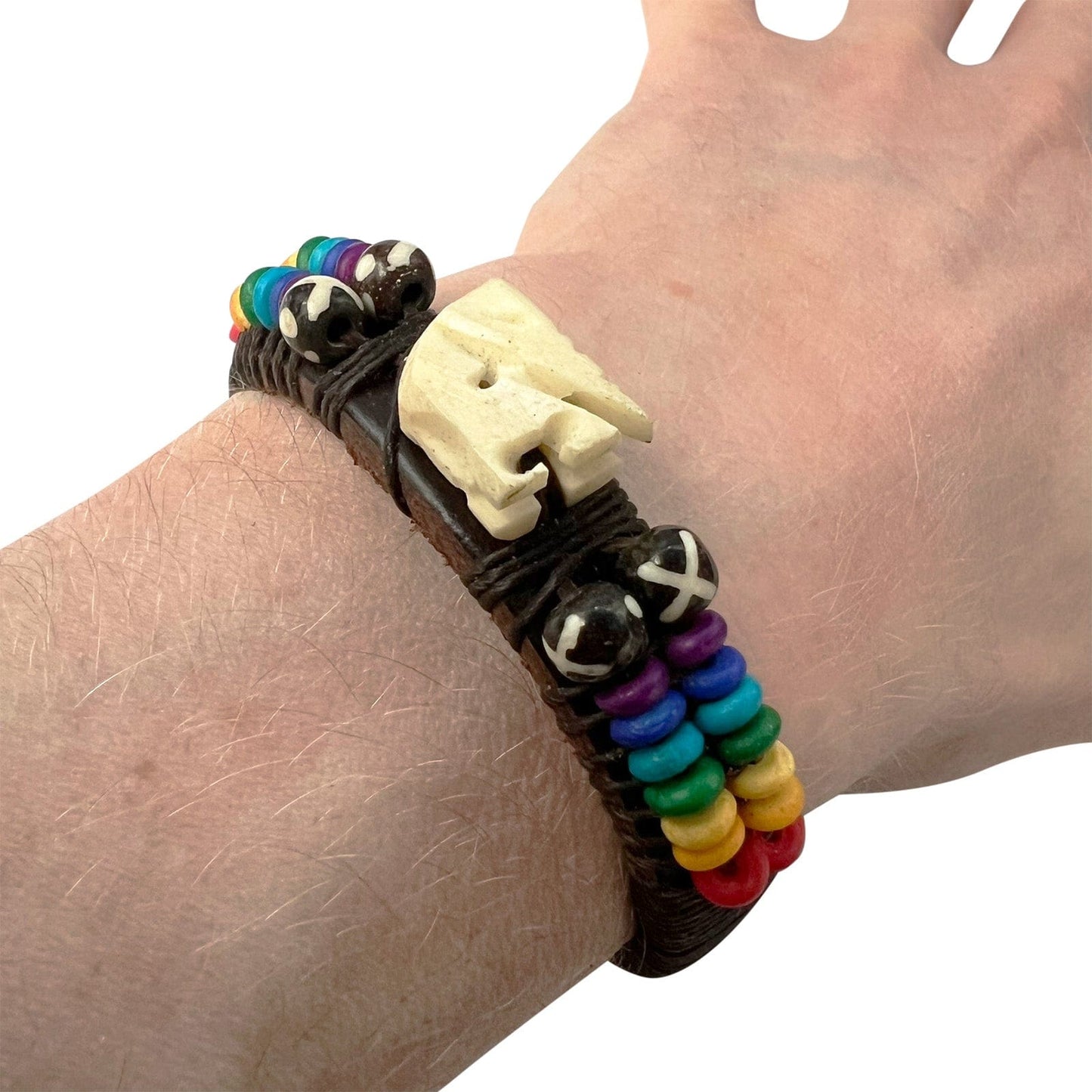 Brown Leather Rainbow Elephant Bracelet Wristband Bangle Mens Womens Jewellery