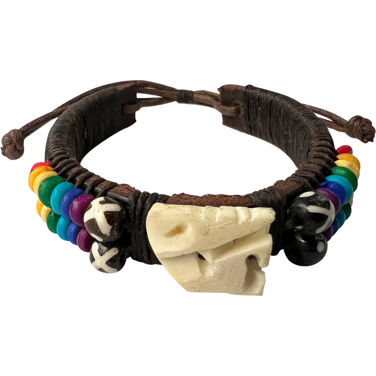 Brown Leather Rainbow Elephant Bracelet Wristband Bangle Mens Womens Jewellery