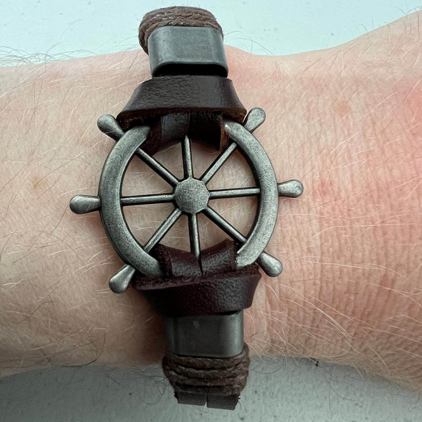 Brown Leather Ship Wheel Bracelet Wristband Bangle Mens Boys Pirate Je
