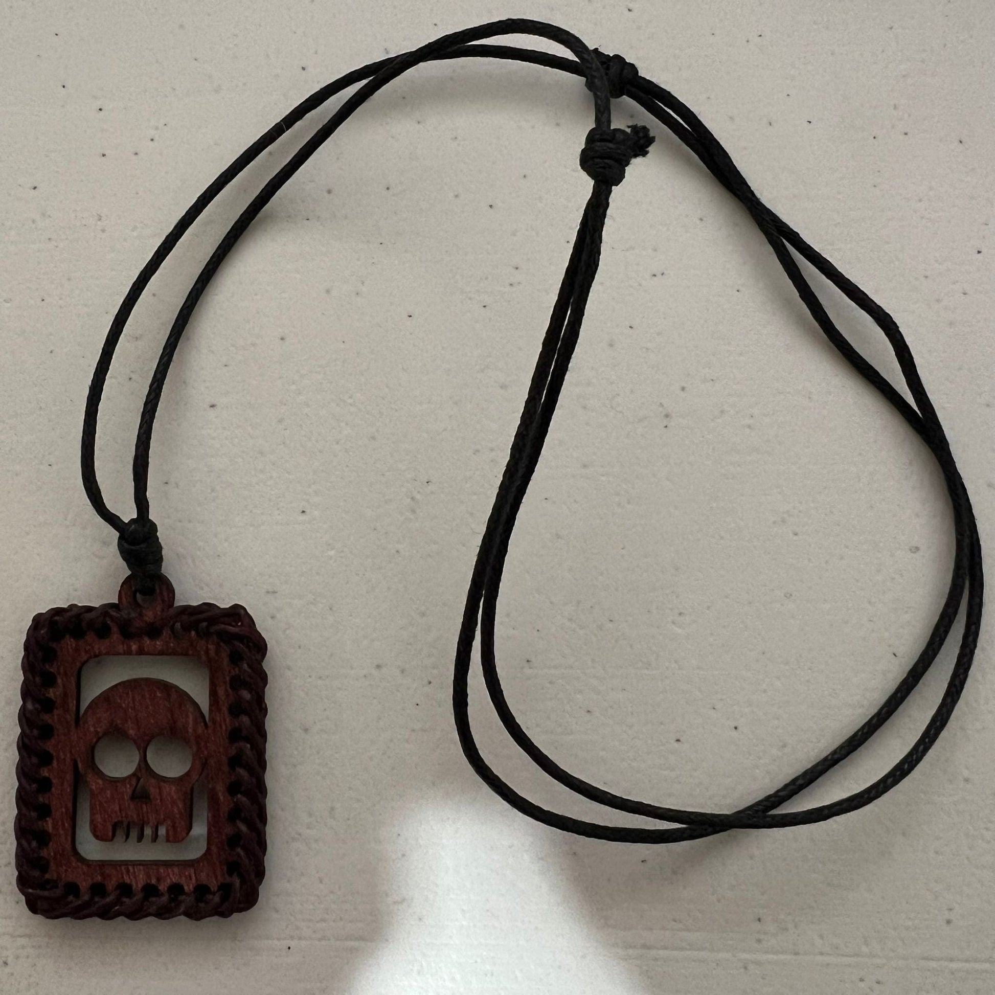 Brown Wood Skull Pendant Necklace Black Cord Chain Tribal Handmade Jewellery