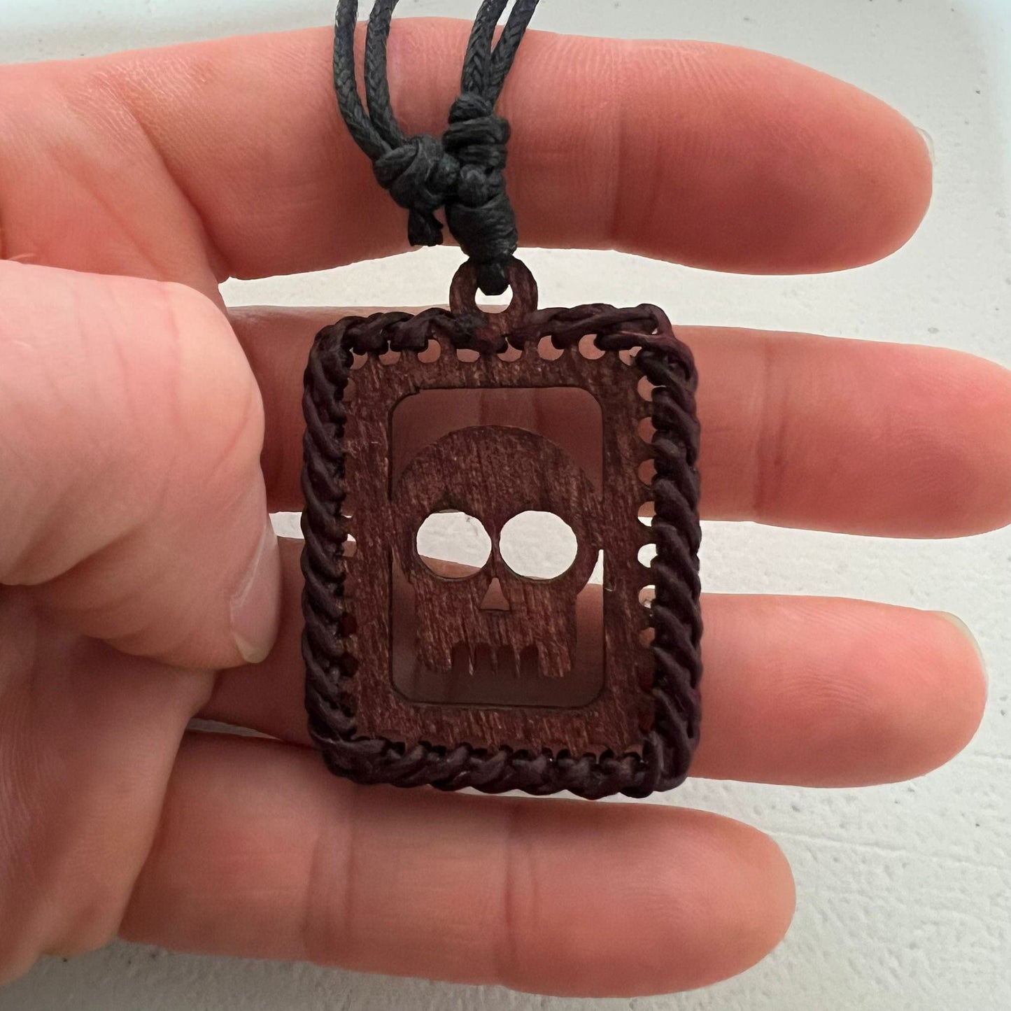 Brown Wood Skull Pendant Necklace Black Cord Chain Tribal Handmade Jewellery