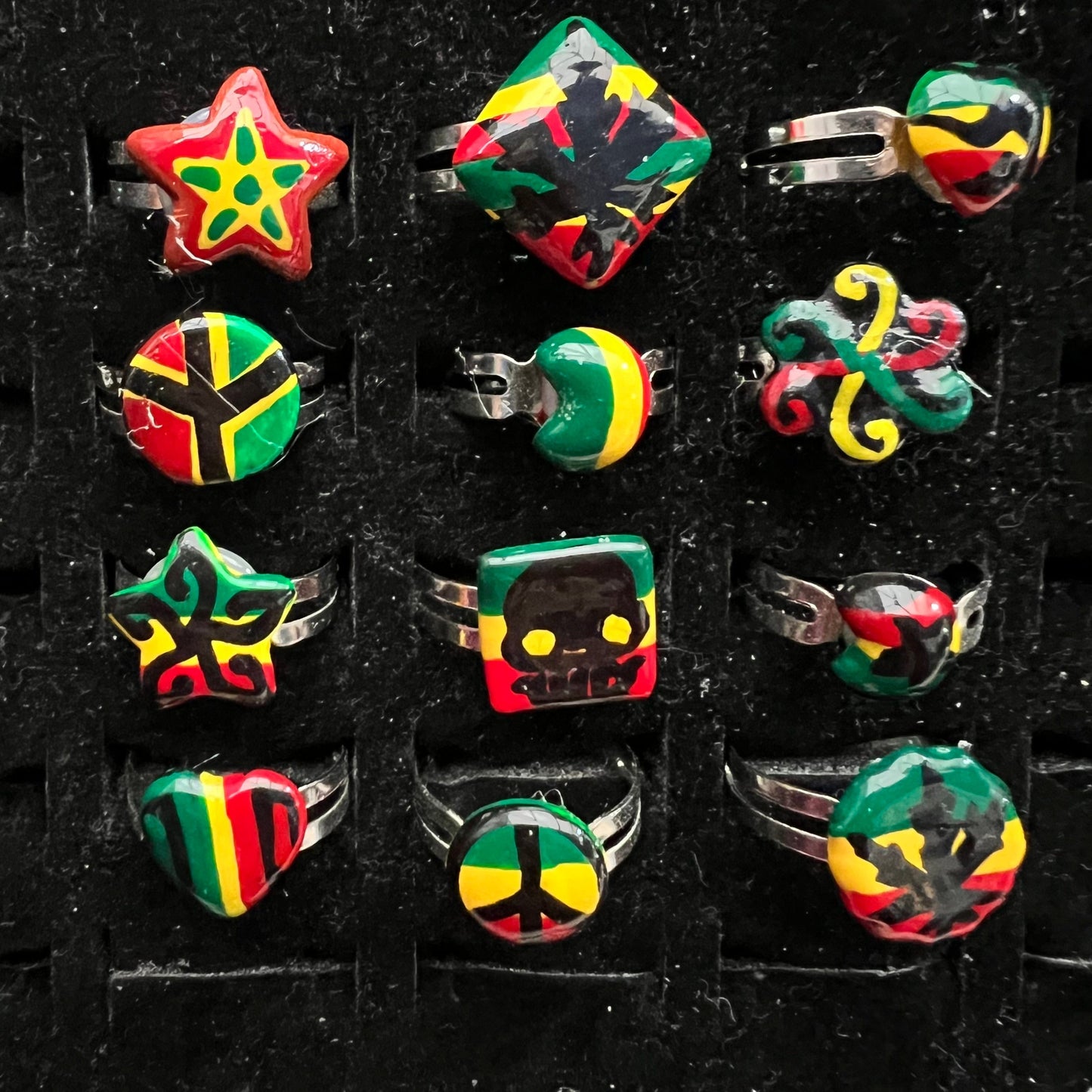 Bundle of Rings Rasta skull Leaf weed heart star painted ￼resizeable rings 12 piece