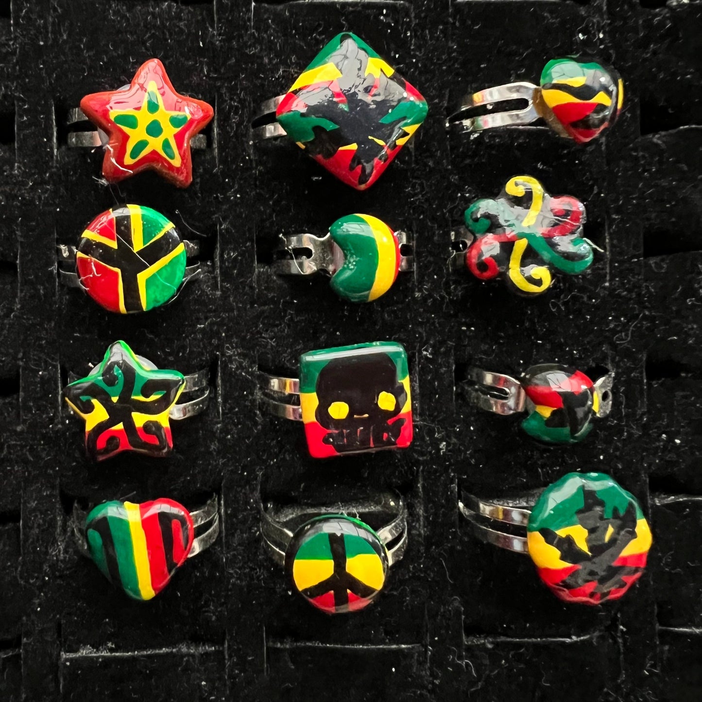 Bundle of Rings Rasta skull Leaf weed heart star painted ￼resizeable rings 12 piece
