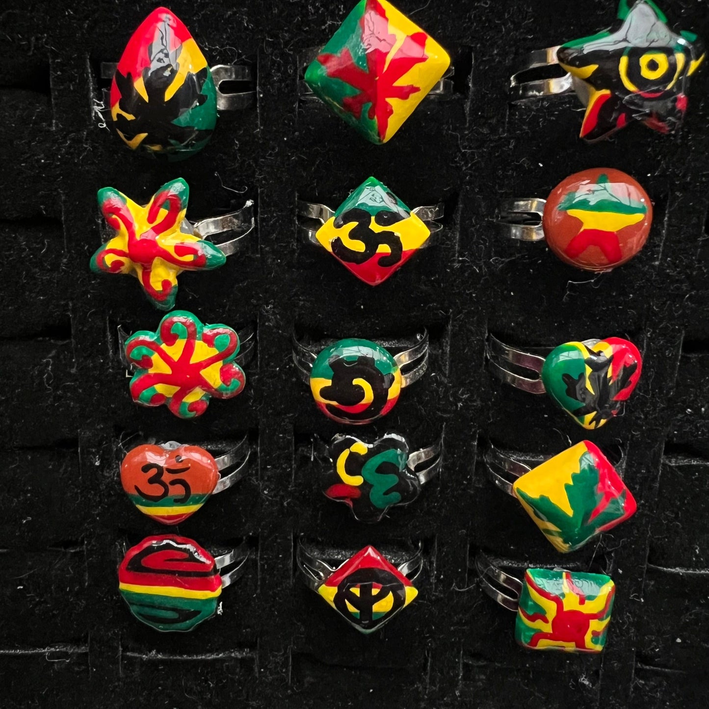 Bundle of Rings Sun flower weed heart Rasta painted Adjustable Rings