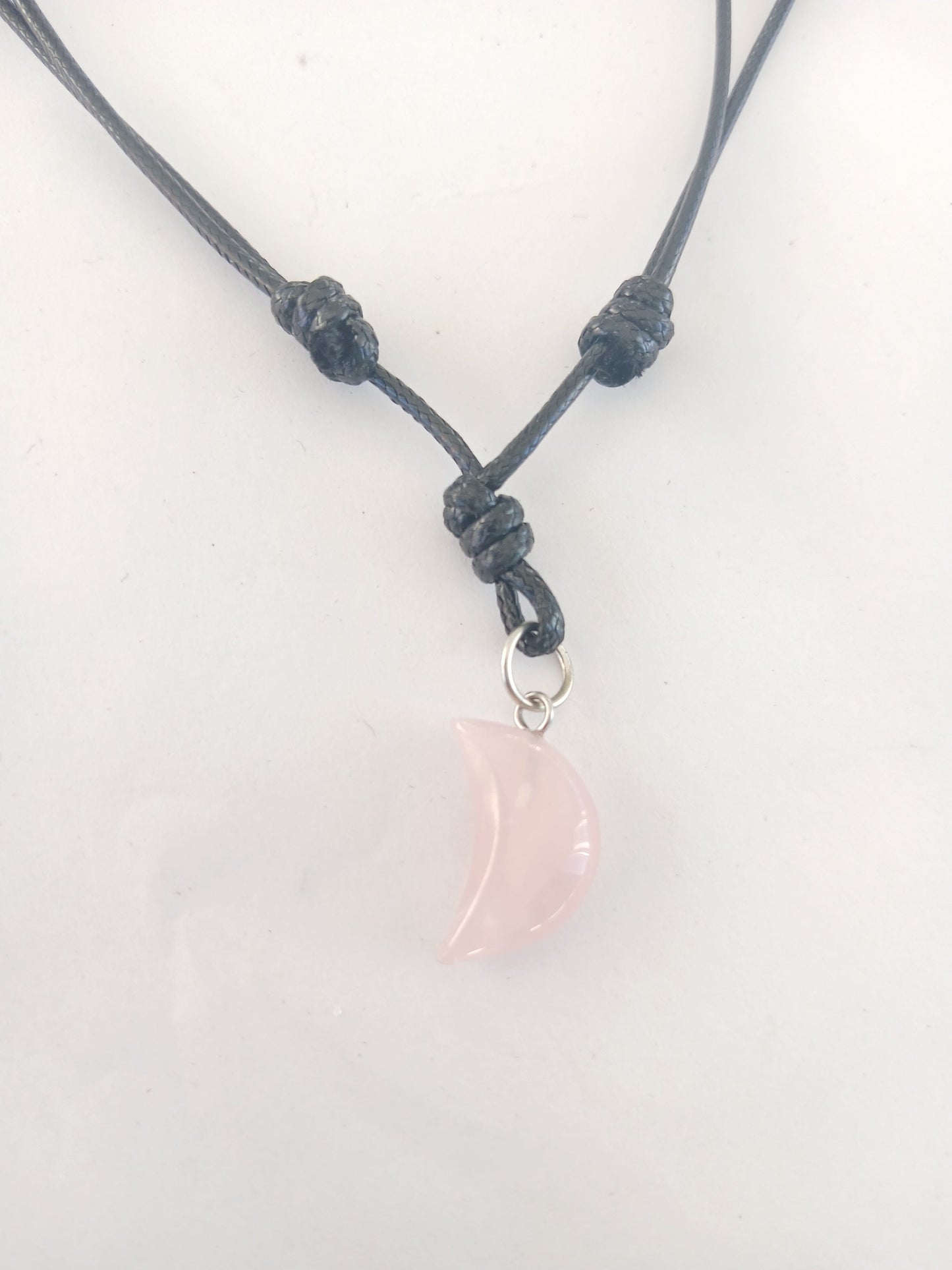 Crescent moon charm Rose Quartz crystal gemstone pendant necklace  adjustable neck cord and choker jewellery for unisex