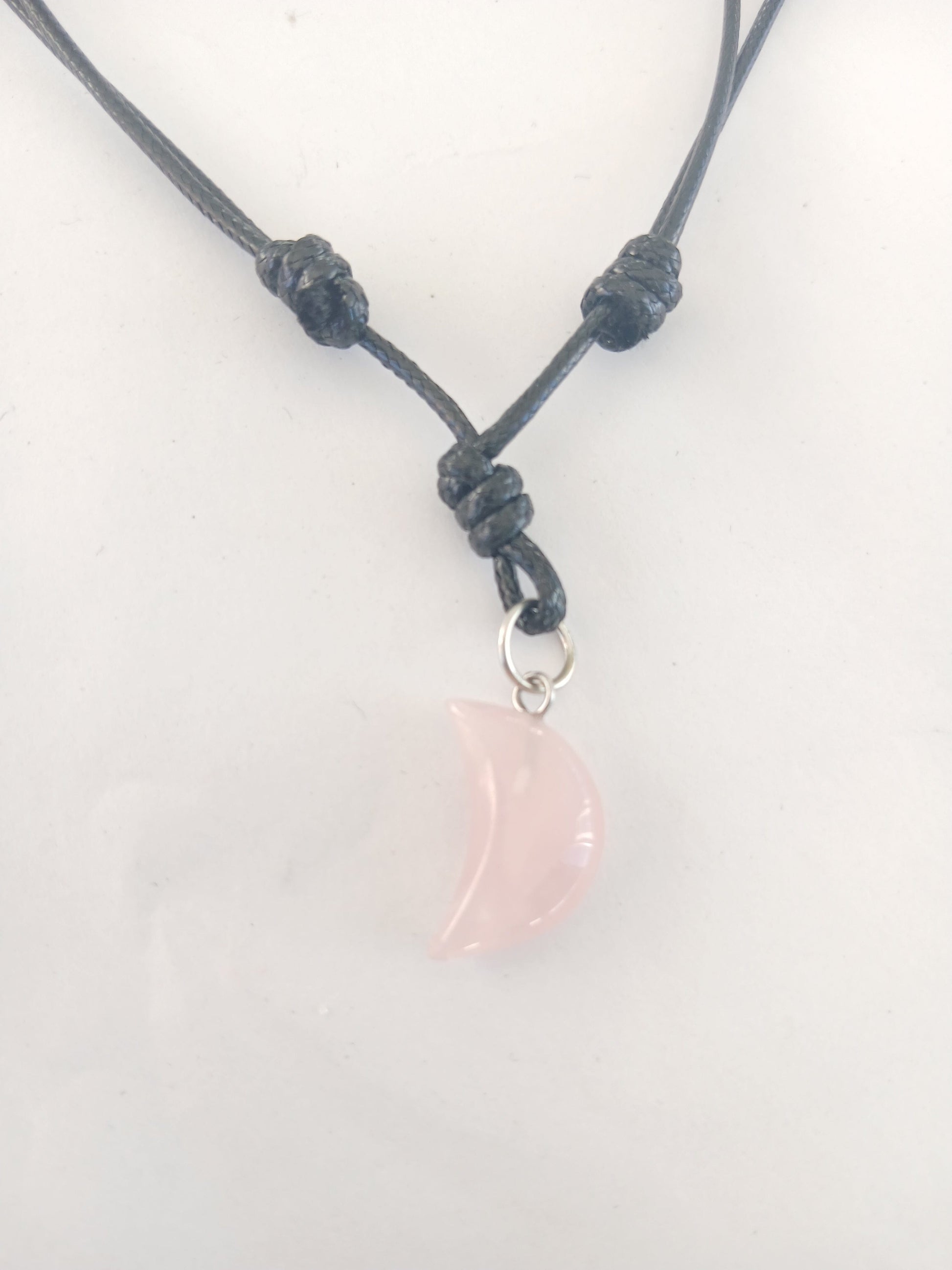 Crescent moon charm Rose Quartz crystal gemstone pendant necklace  adjustable neck cord and choker jewellery for unisex