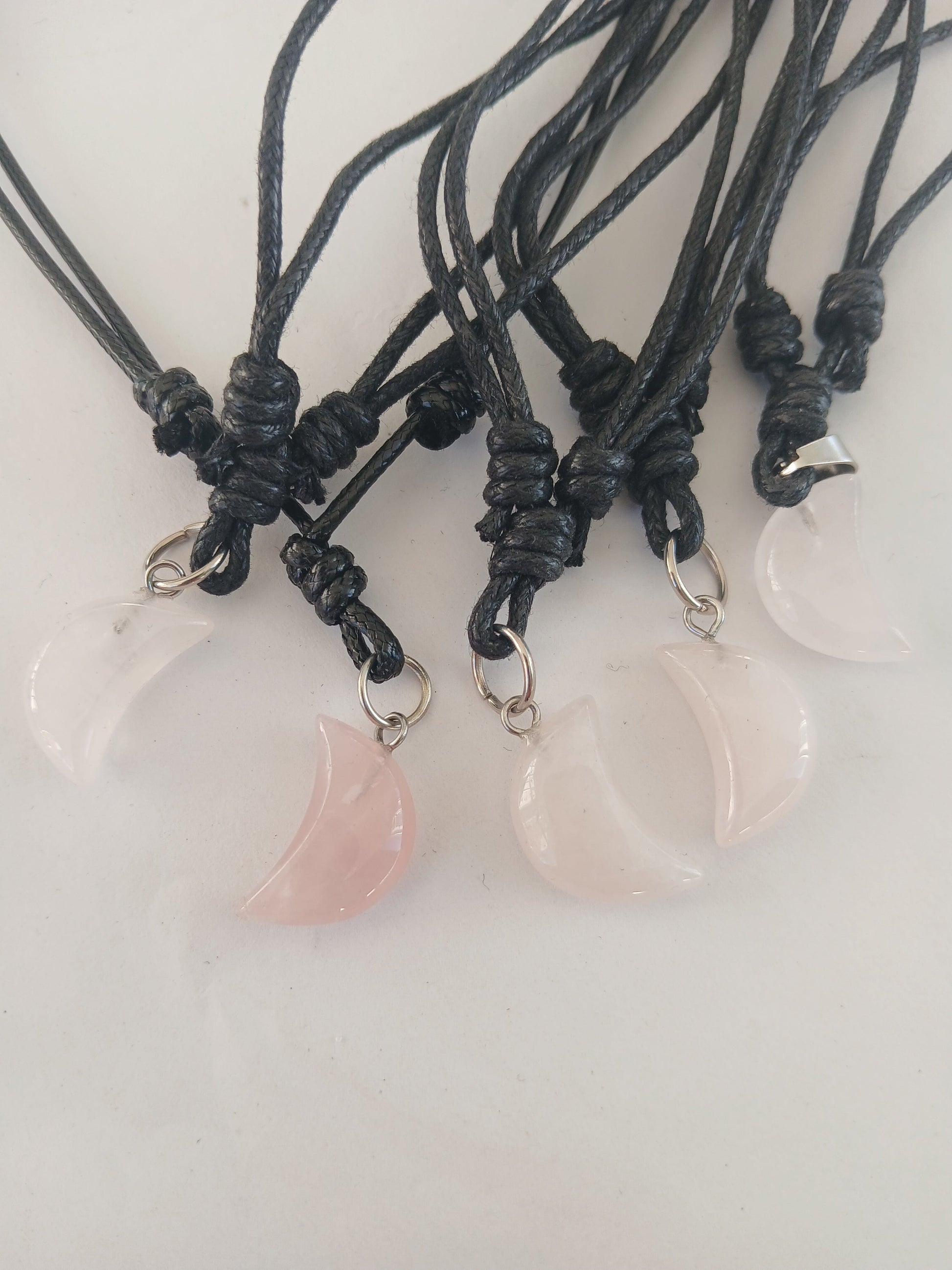 Crescent moon charm Rose Quartz crystal gemstone pendant necklace  adjustable neck cord and choker jewellery for unisex