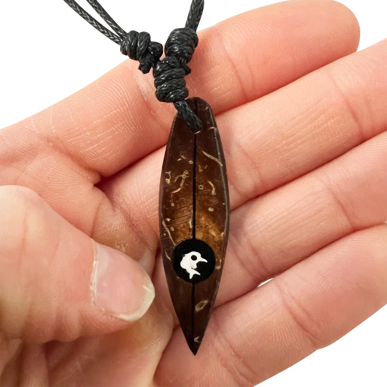 Dolphin Wood Surfboard Pendant Necklace Black Cord Chain Mens Womens Jewellery
