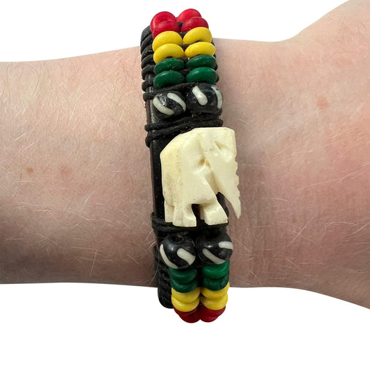 Elephant Black Leather Bracelet Wood Bead Wristband Bangle Mens Womens Jewellery