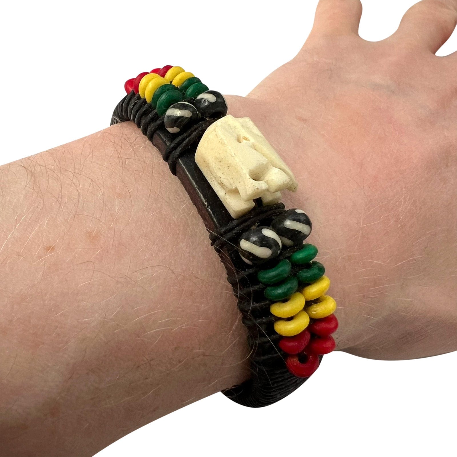 Elephant Black Leather Bracelet Wood Bead Wristband Bangle Mens Womens Jewellery
