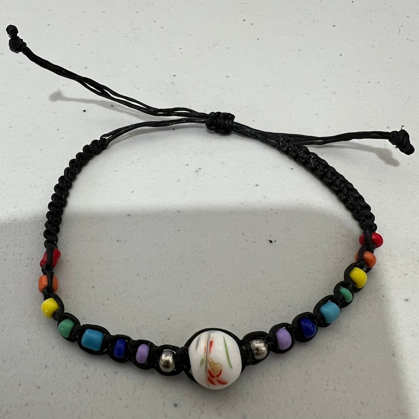 Floral Flower Rainbow Bead Bracelet Black Wristband Bangle Womens Girl Jewellery