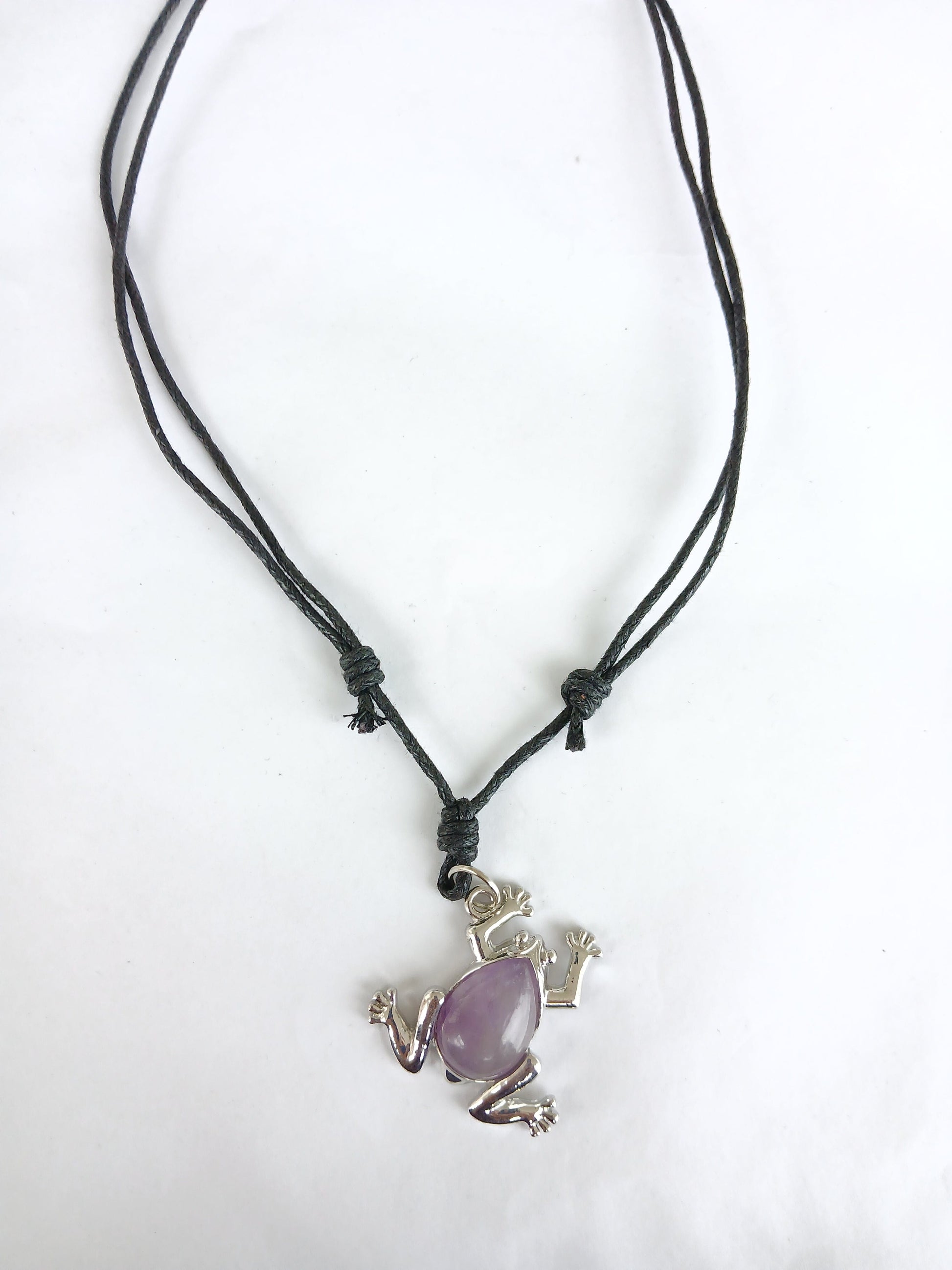 Frog charm Amethyst healing crystal stone purple pendant necklace black choker adjustable cord