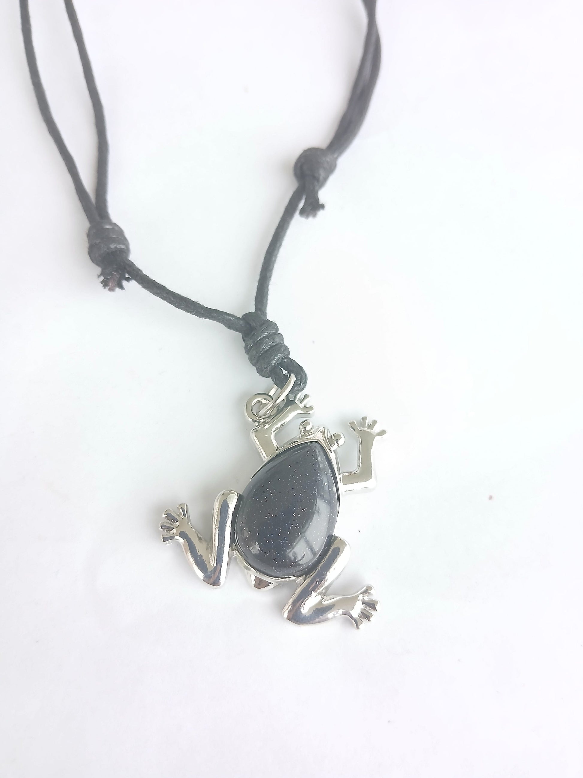 Frog charm Gold stone crystal pendant necklace with black adjustable choker cord jewellery for unisex