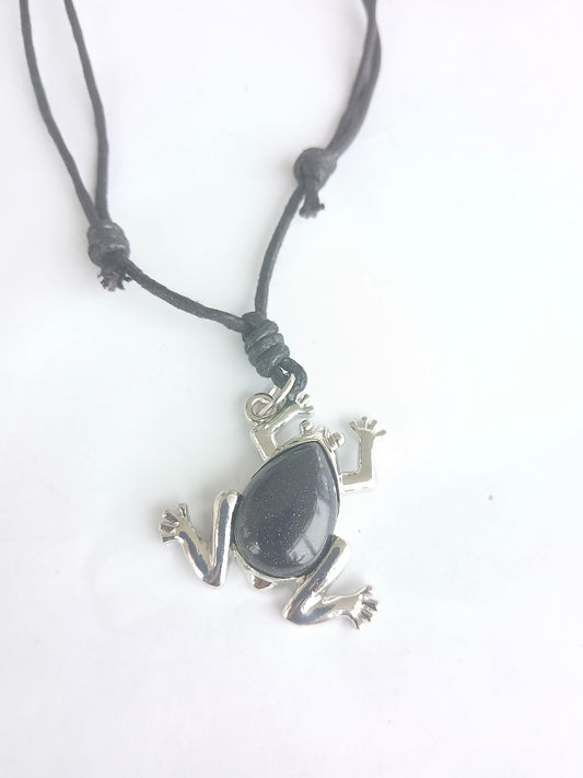 Frog charm Gold stone crystal pendant necklace with black adjustable choker cord jewellery for unisex