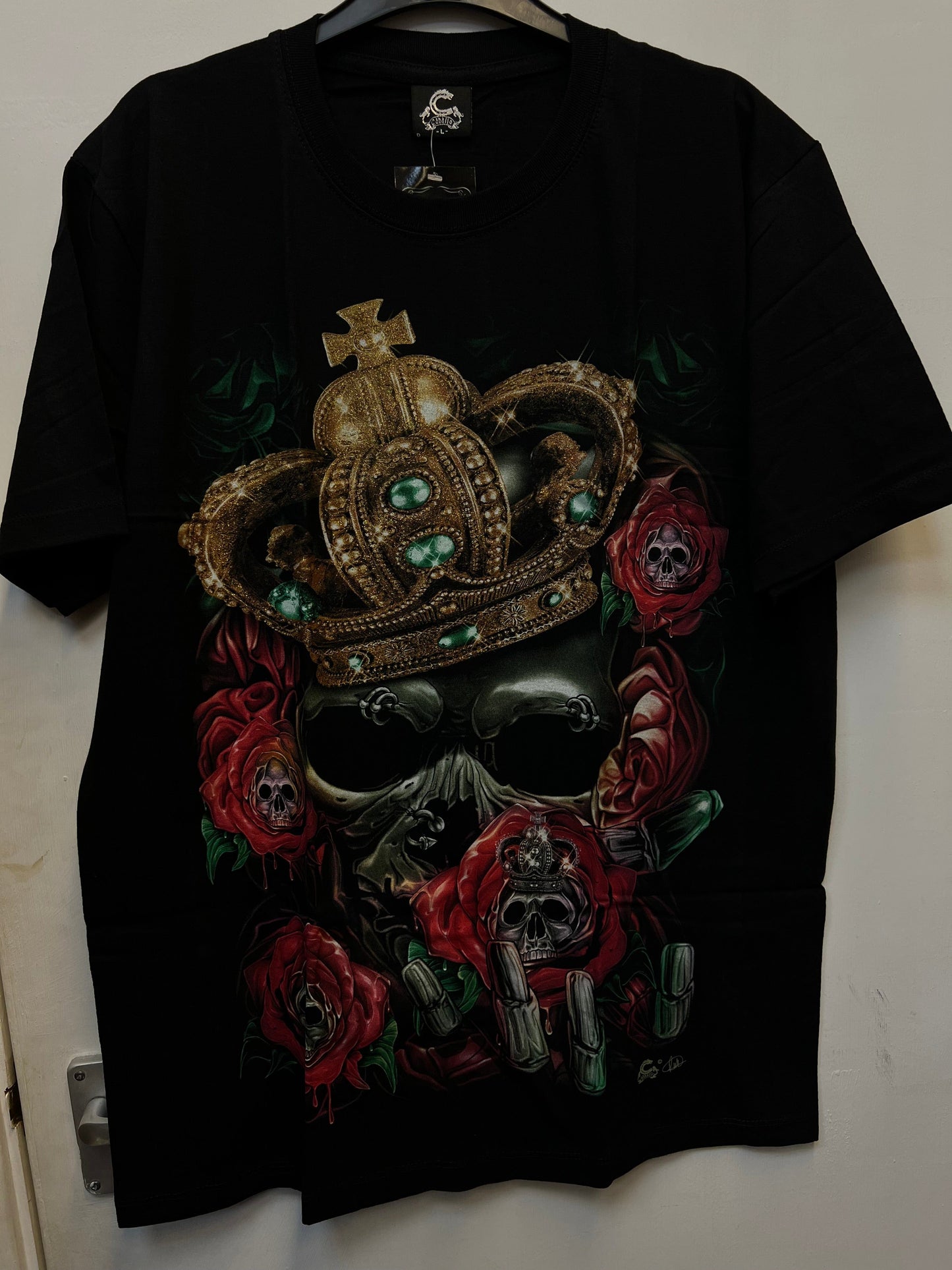 Glow in the Dark Black King Skull Crown Roses T Shirt Size L