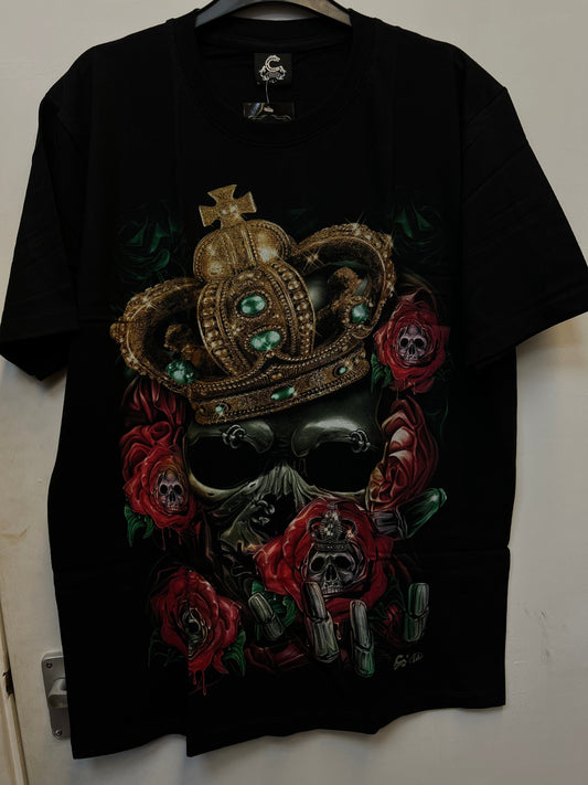 Glow in the Dark Black King Skull Crown Roses T Shirt Size L