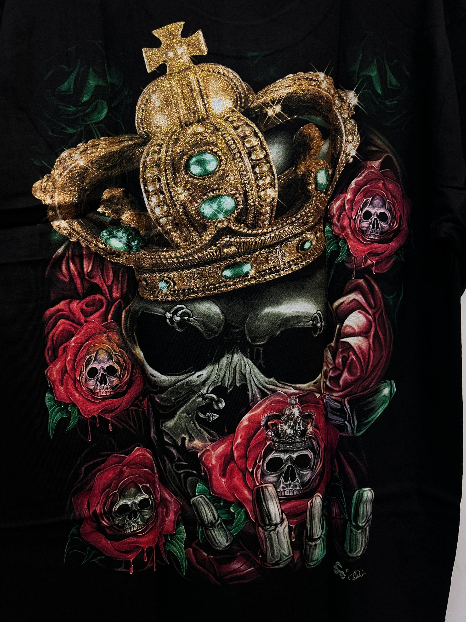 Glow in the Dark Black King Skull Crown Roses T Shirt Size L