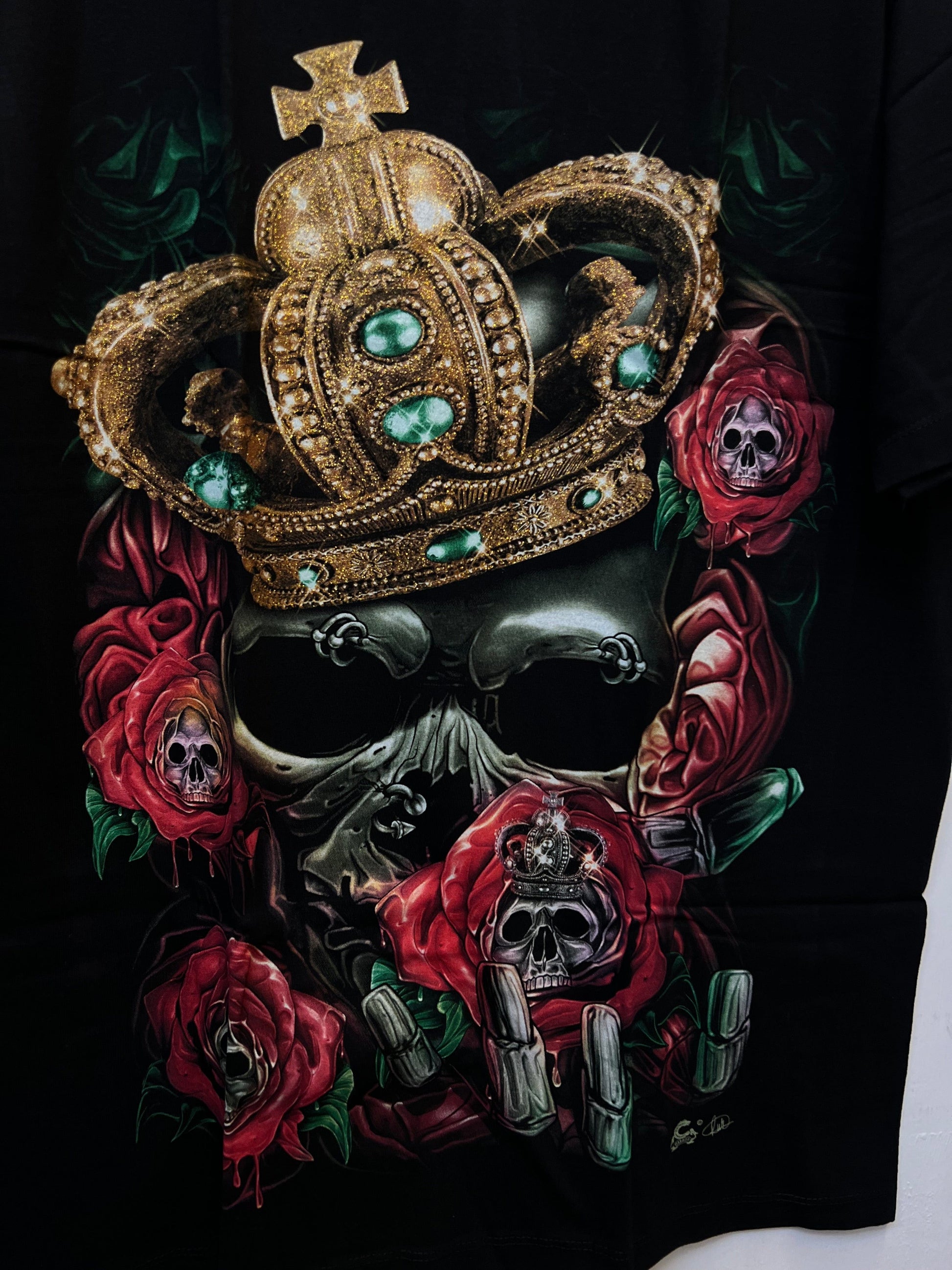Glow in the Dark Black King Skull Crown Roses T Shirt Size L