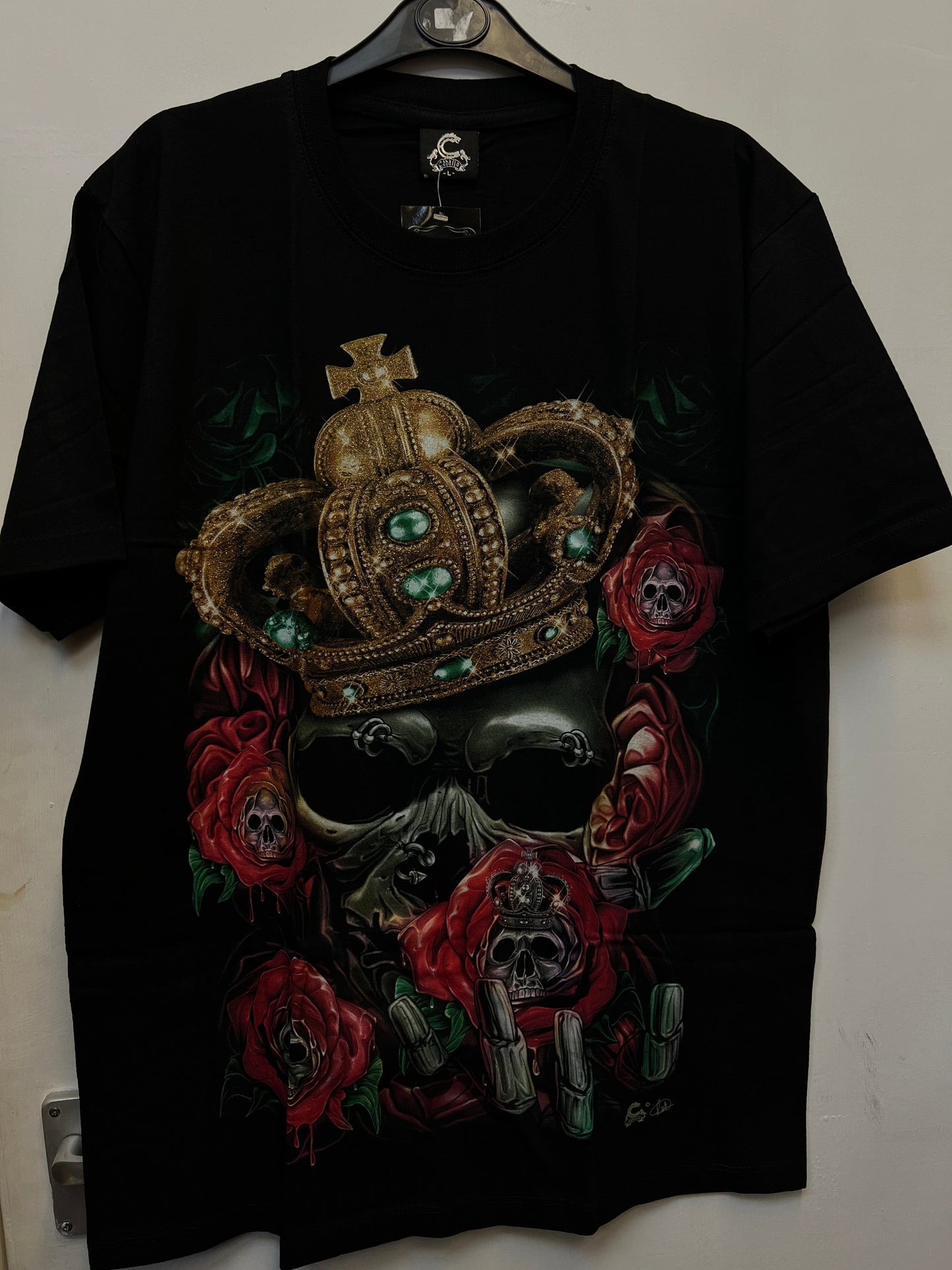Glow in the Dark Black King Skull Crown Roses T Shirt Size L
